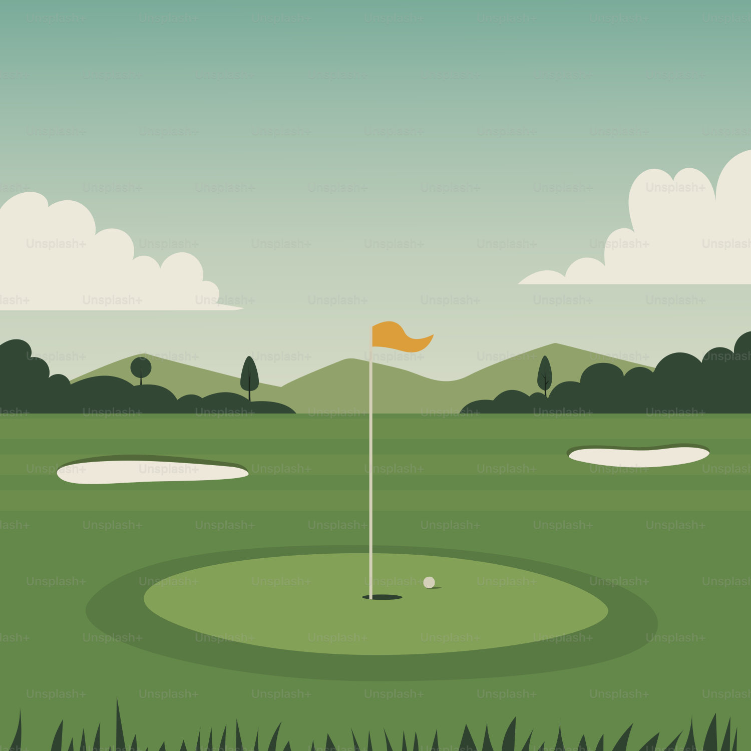 Golfplatz mit Fahnen-, Ball- und Sandfallen