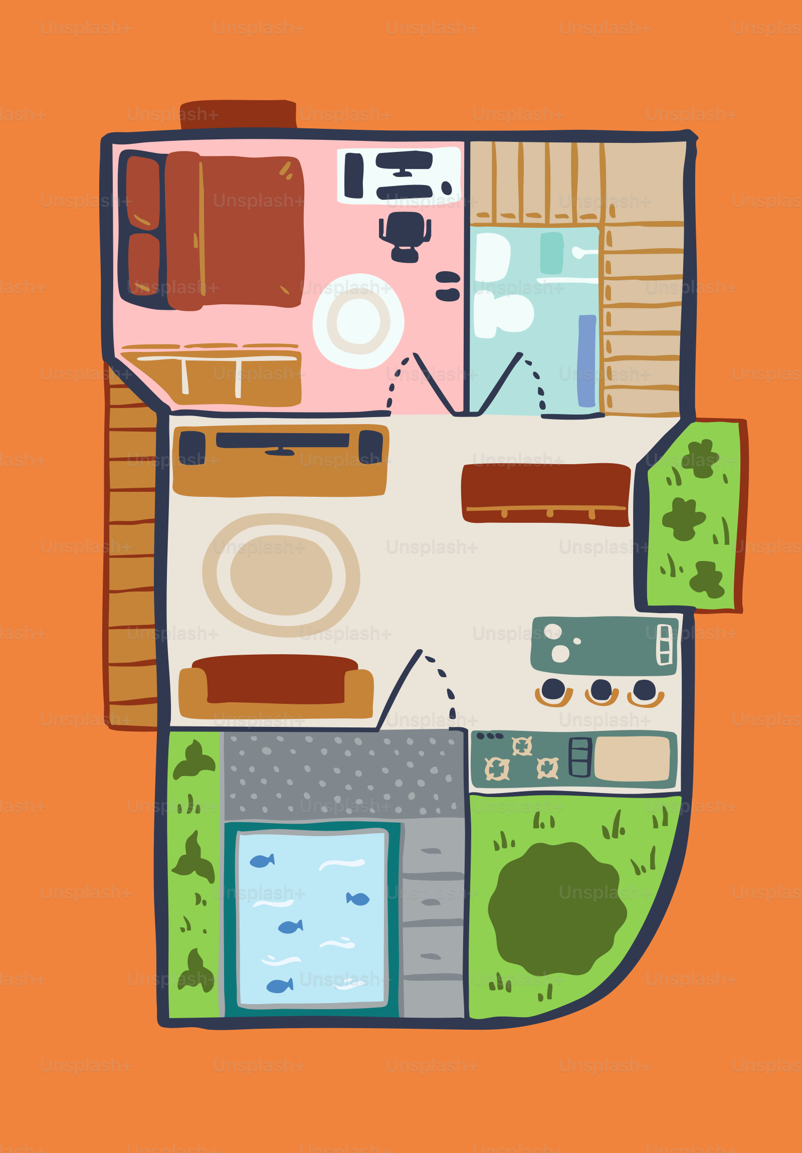 Uma planta colorida de uma casa com piscina.