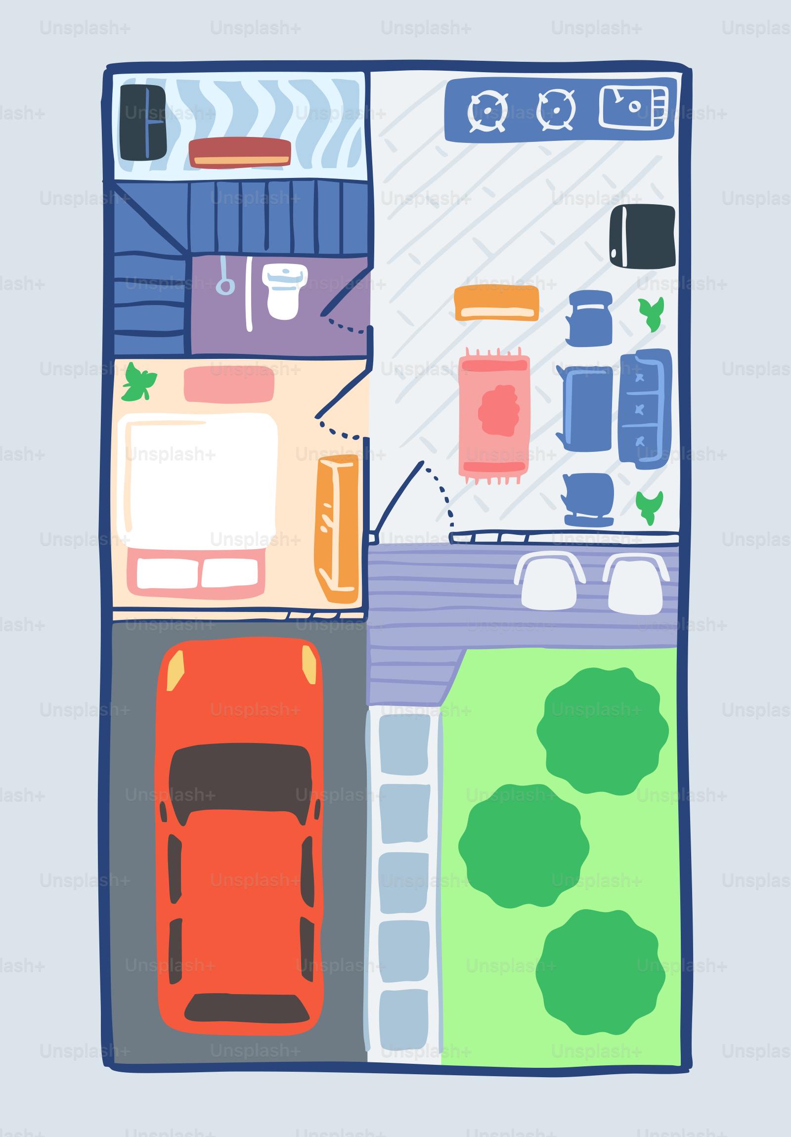 Un plano colorido de una casa con coche.