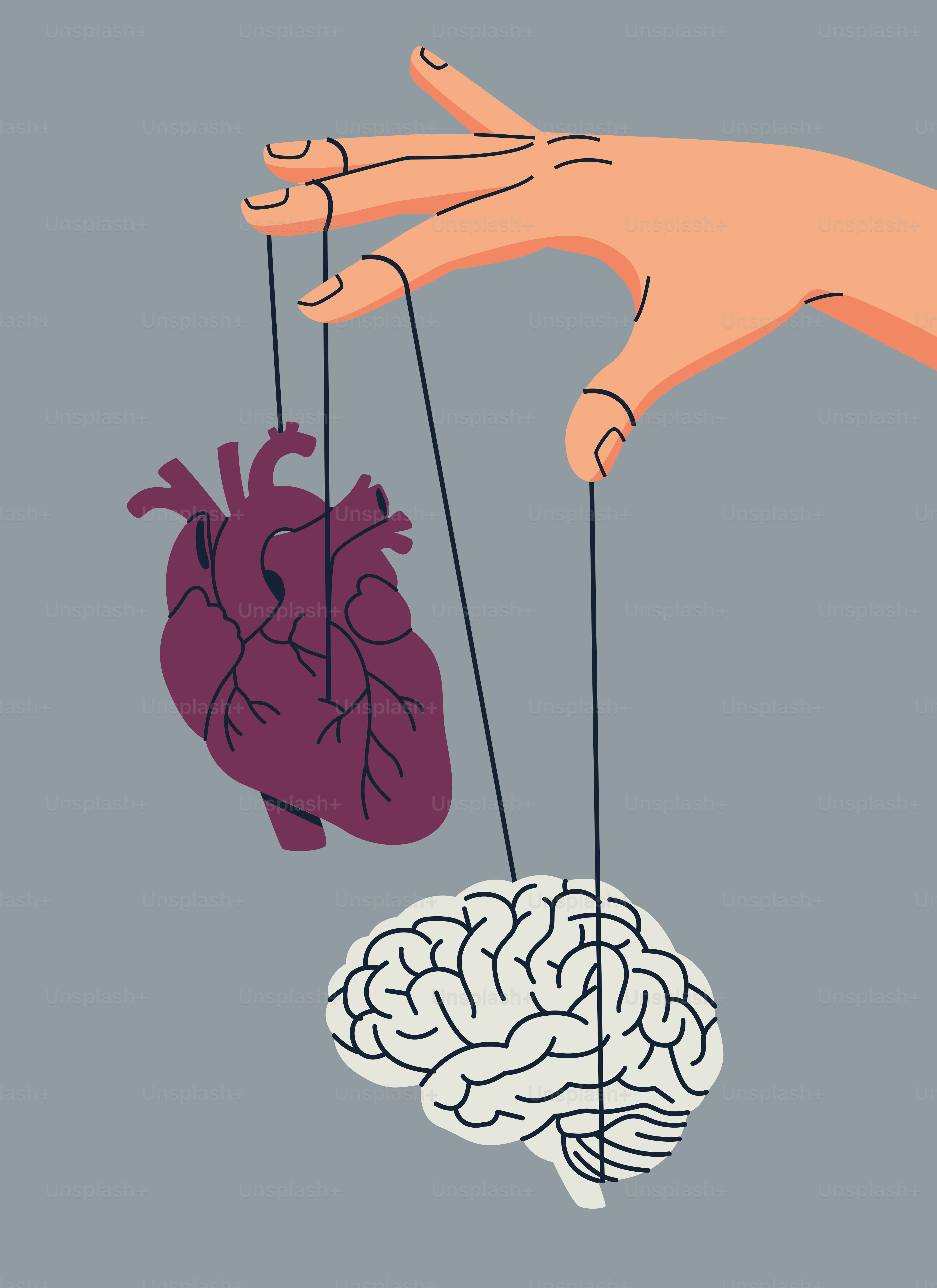 Hand controlling heart and brain with strings