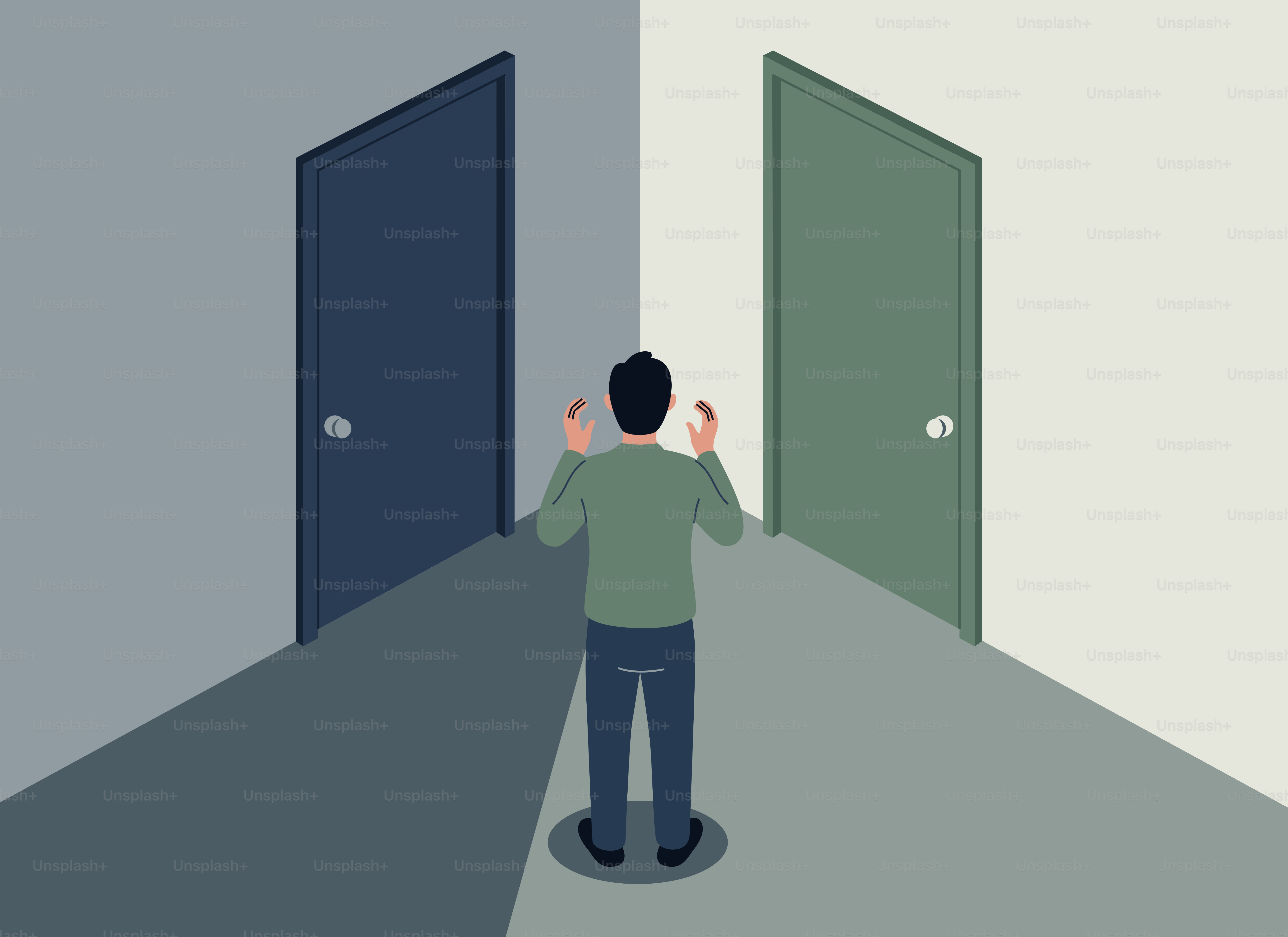 Man stands between two doors, looking undecided.