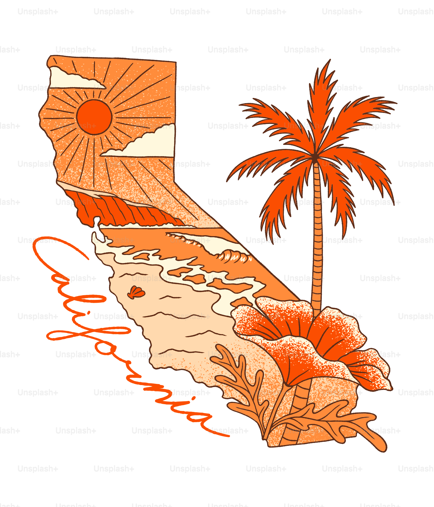 California outline with beach, palm tree, and flower.