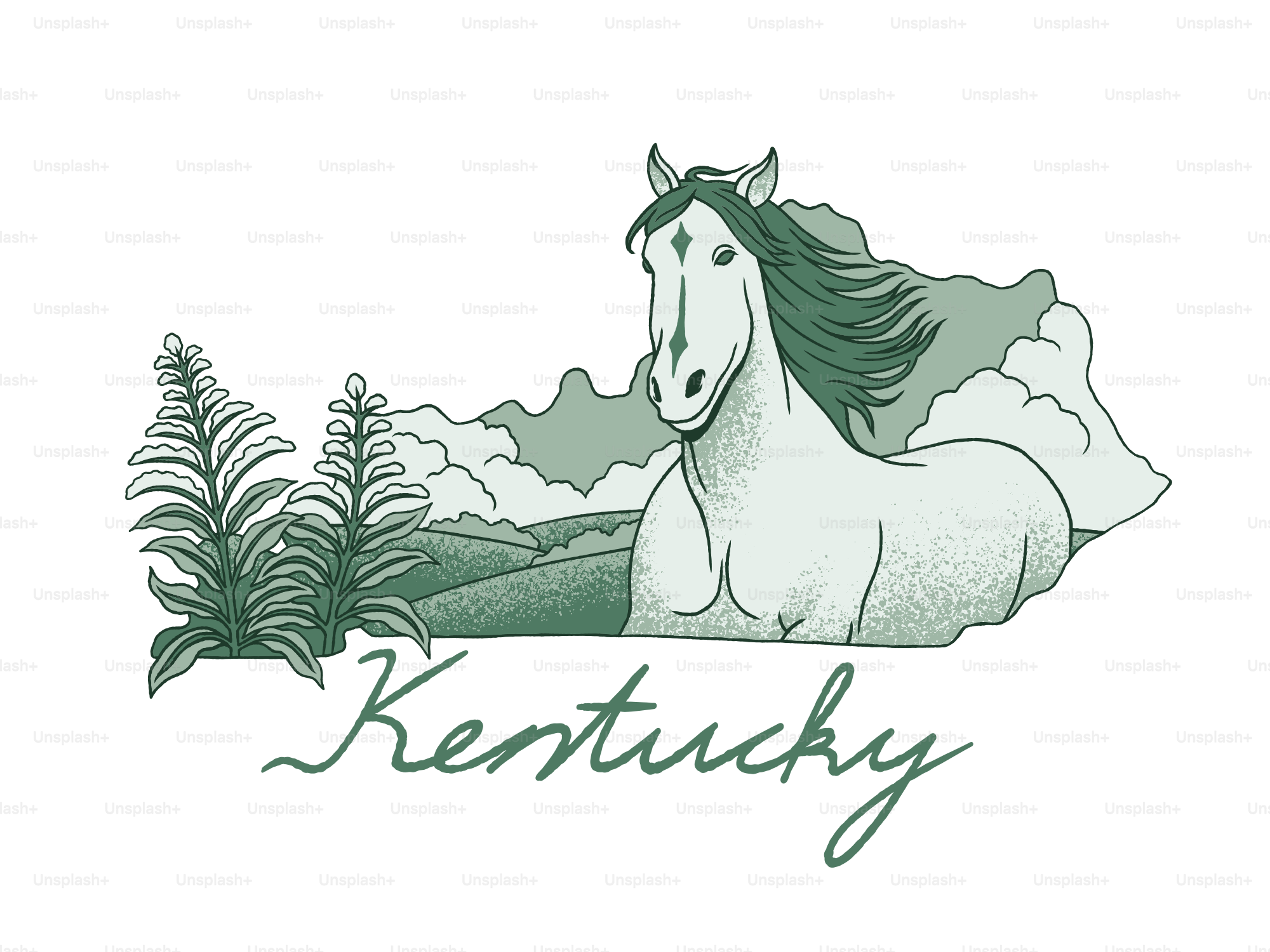 White horse with green mane and tail in kentucky landscape