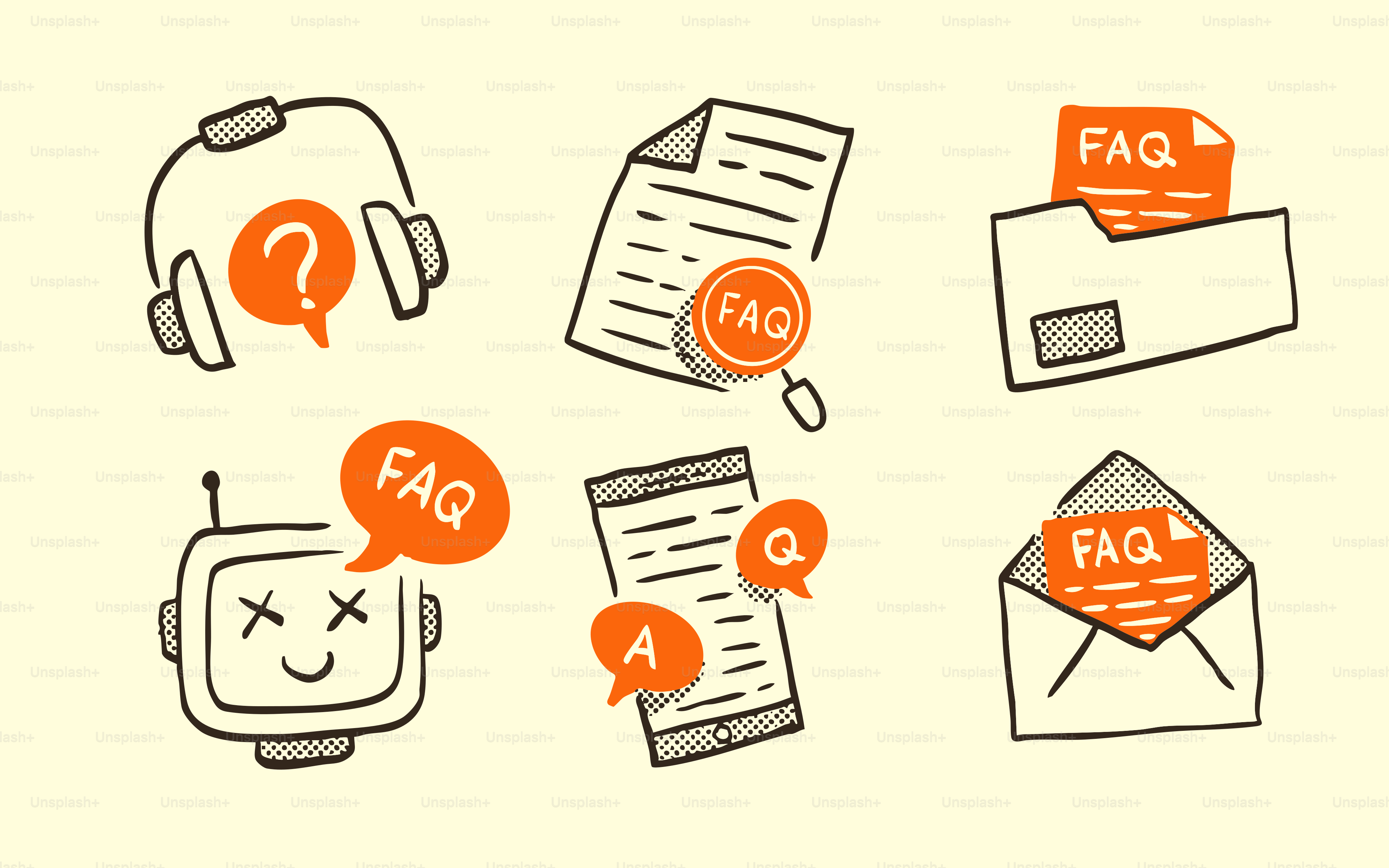 Iconos de garabato que representan preguntas frecuentes