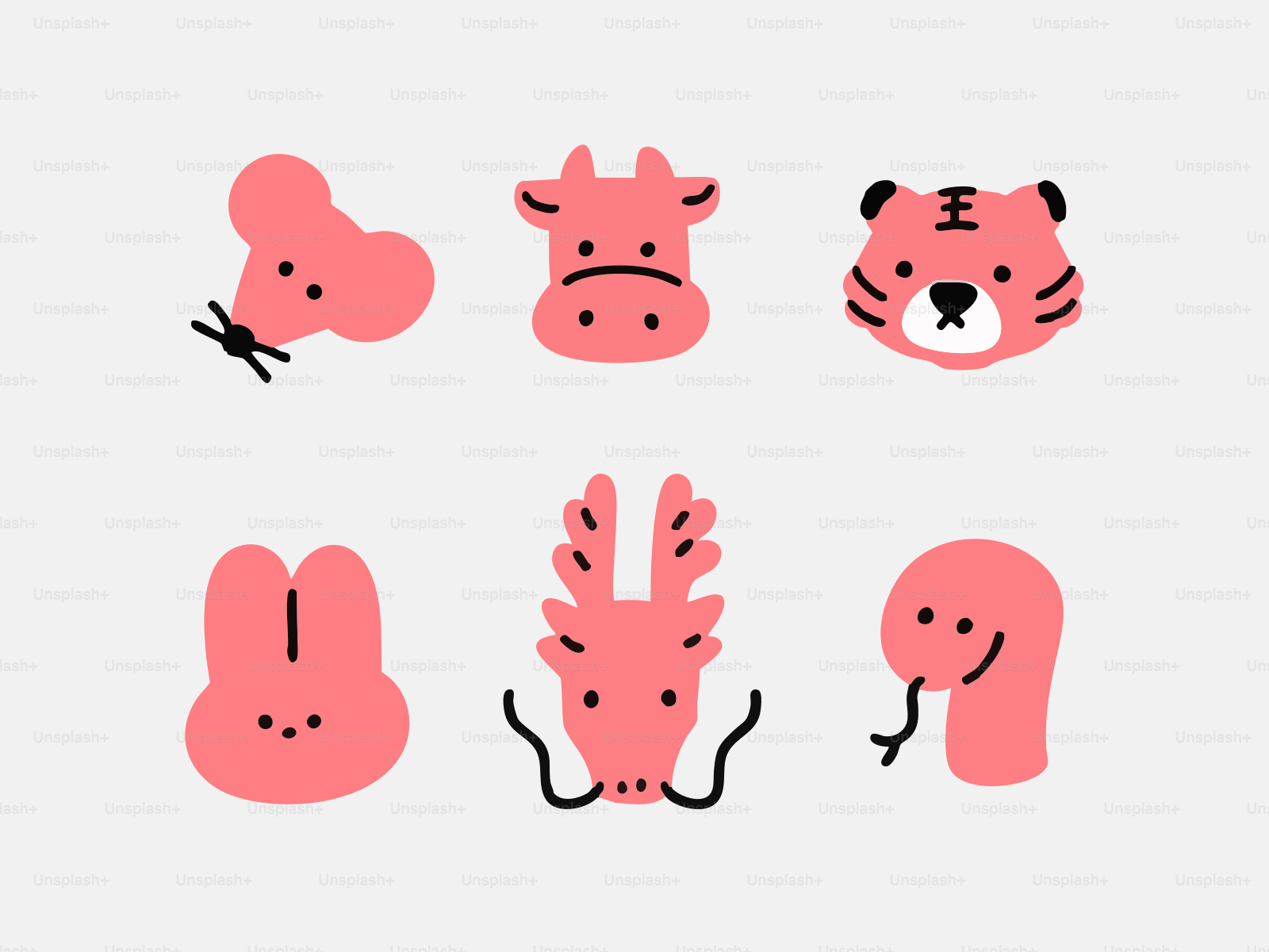 Seis animais do zodíaco de desenho desenhado rosa sobre um fundo cinza