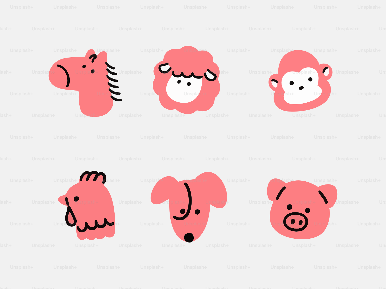 Seis cabeças de animais em desenho animado rosa sobre fundo cinza