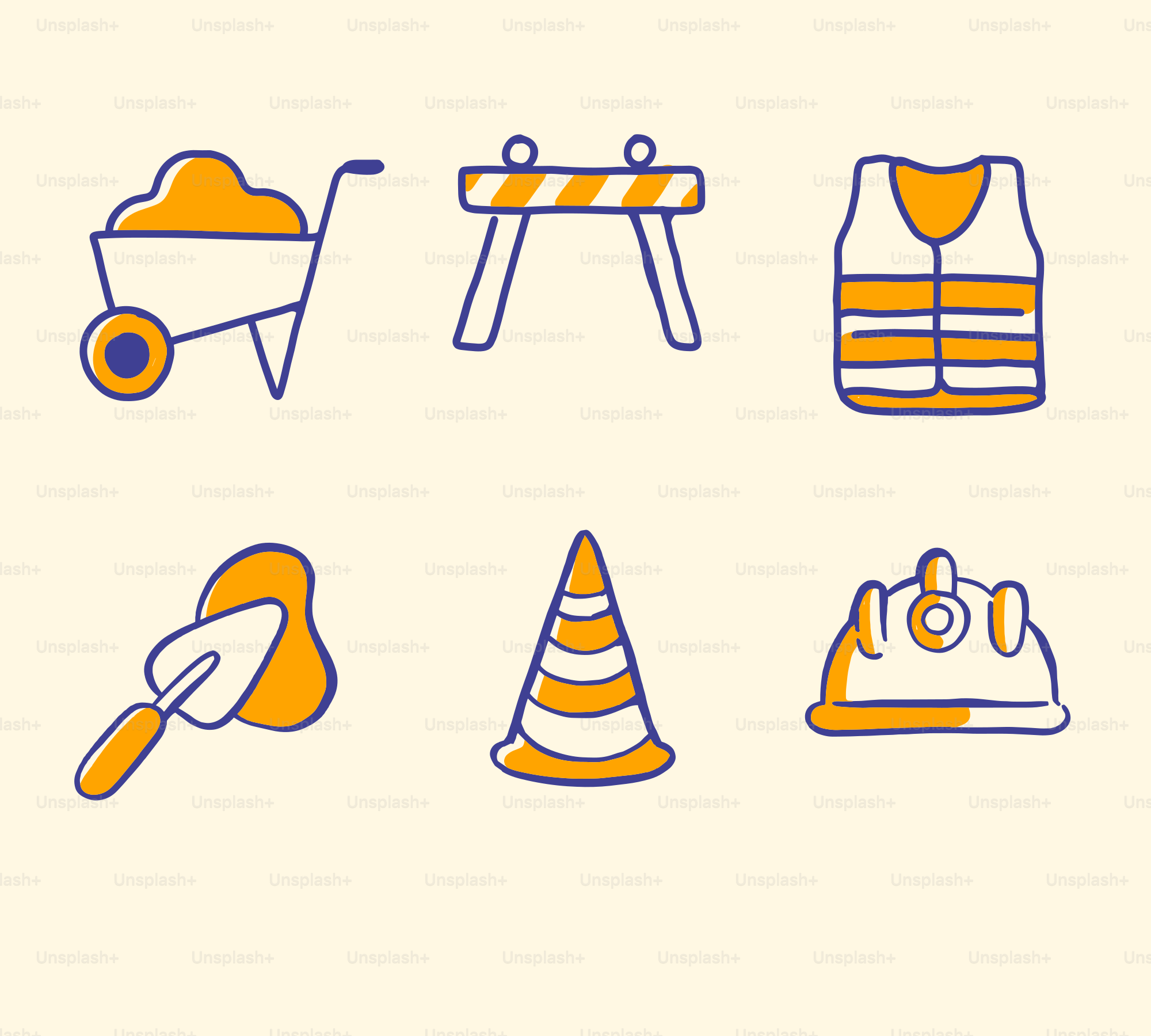 Construction icons: wheelbarrow, barrier, vest, trowel, cone, helmet