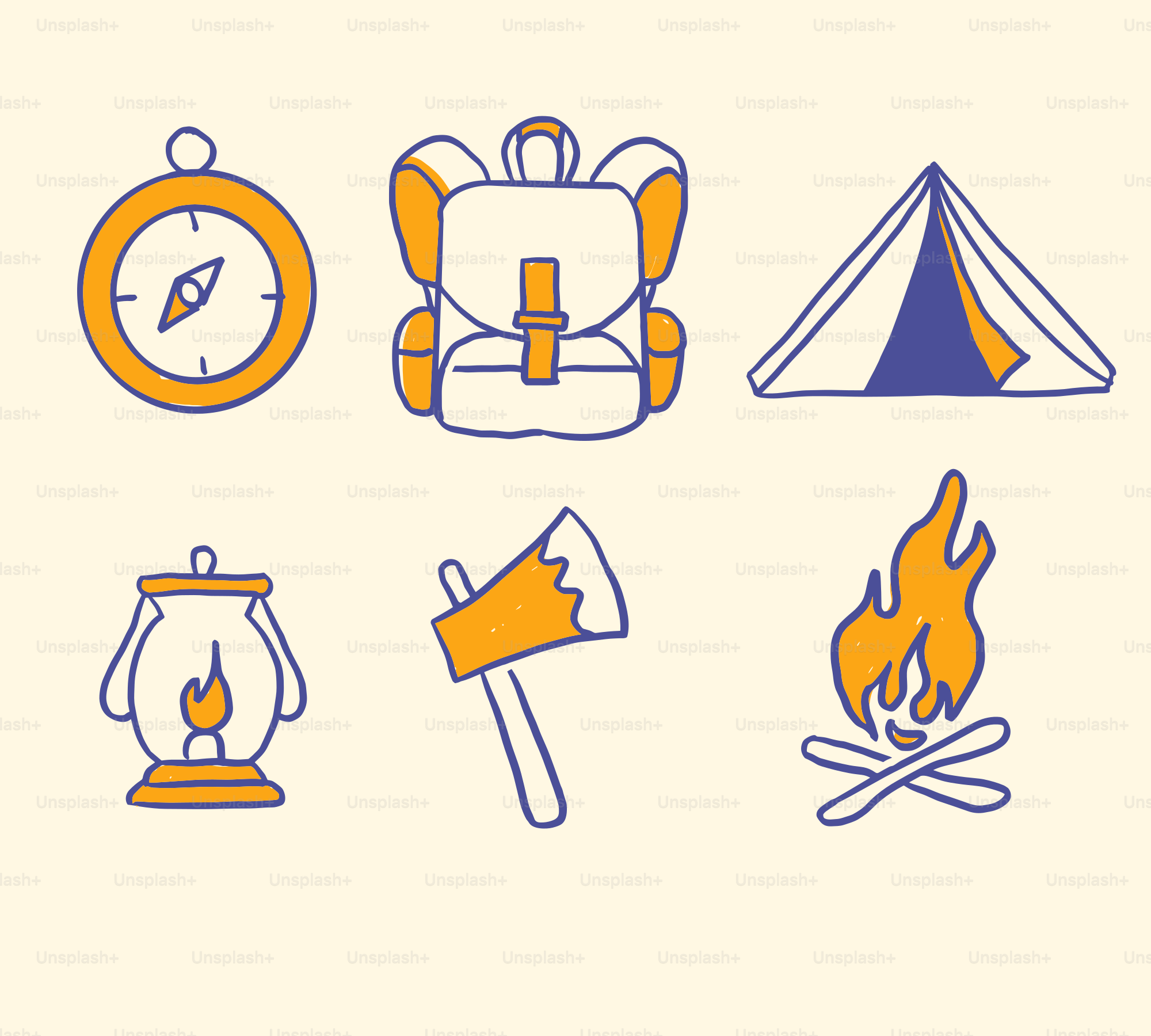 Ícones de equipamentos de camping: bússola, mochila, barraca, lanterna, machado, fogueira