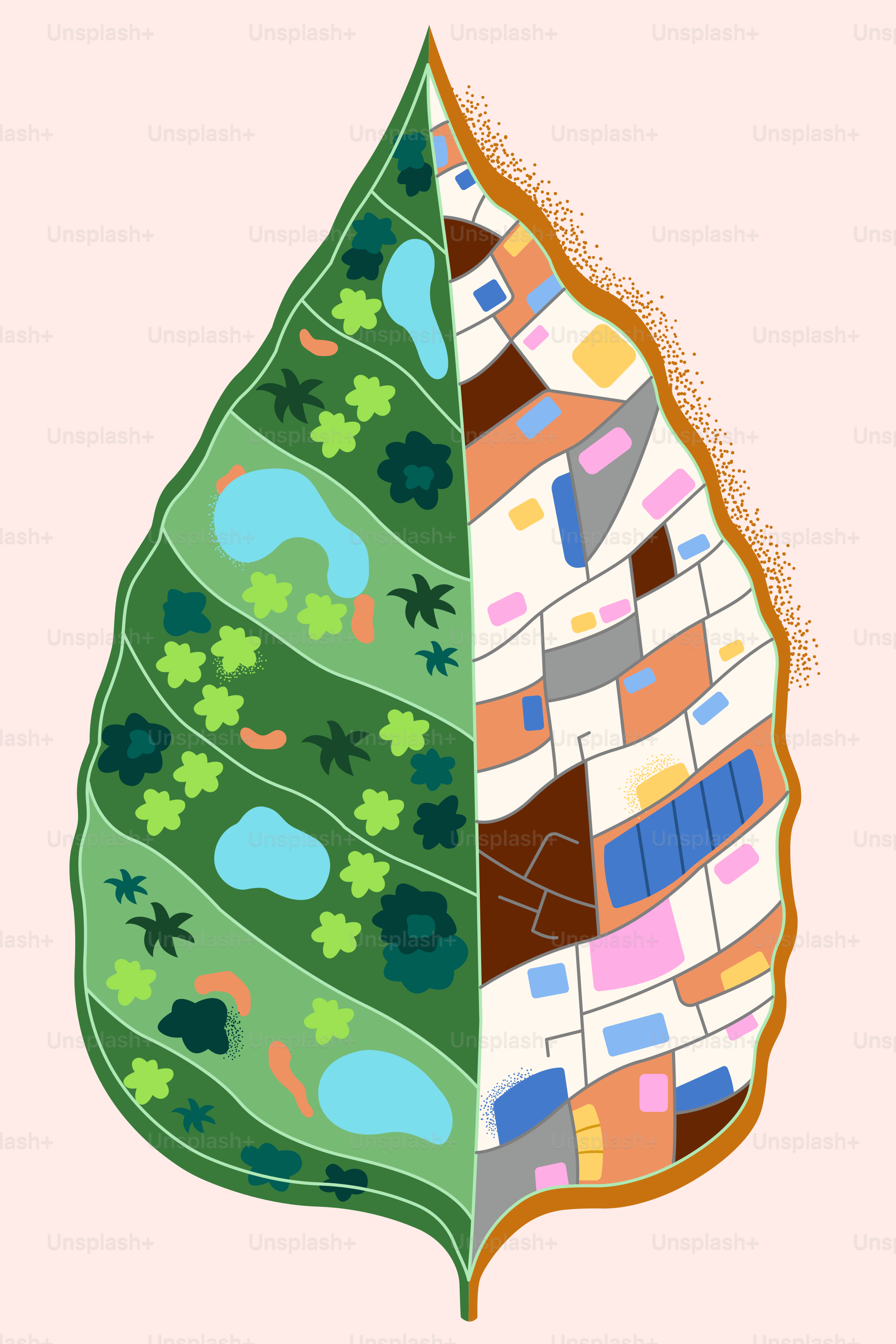 Leaf divided into nature and urban city landscape.