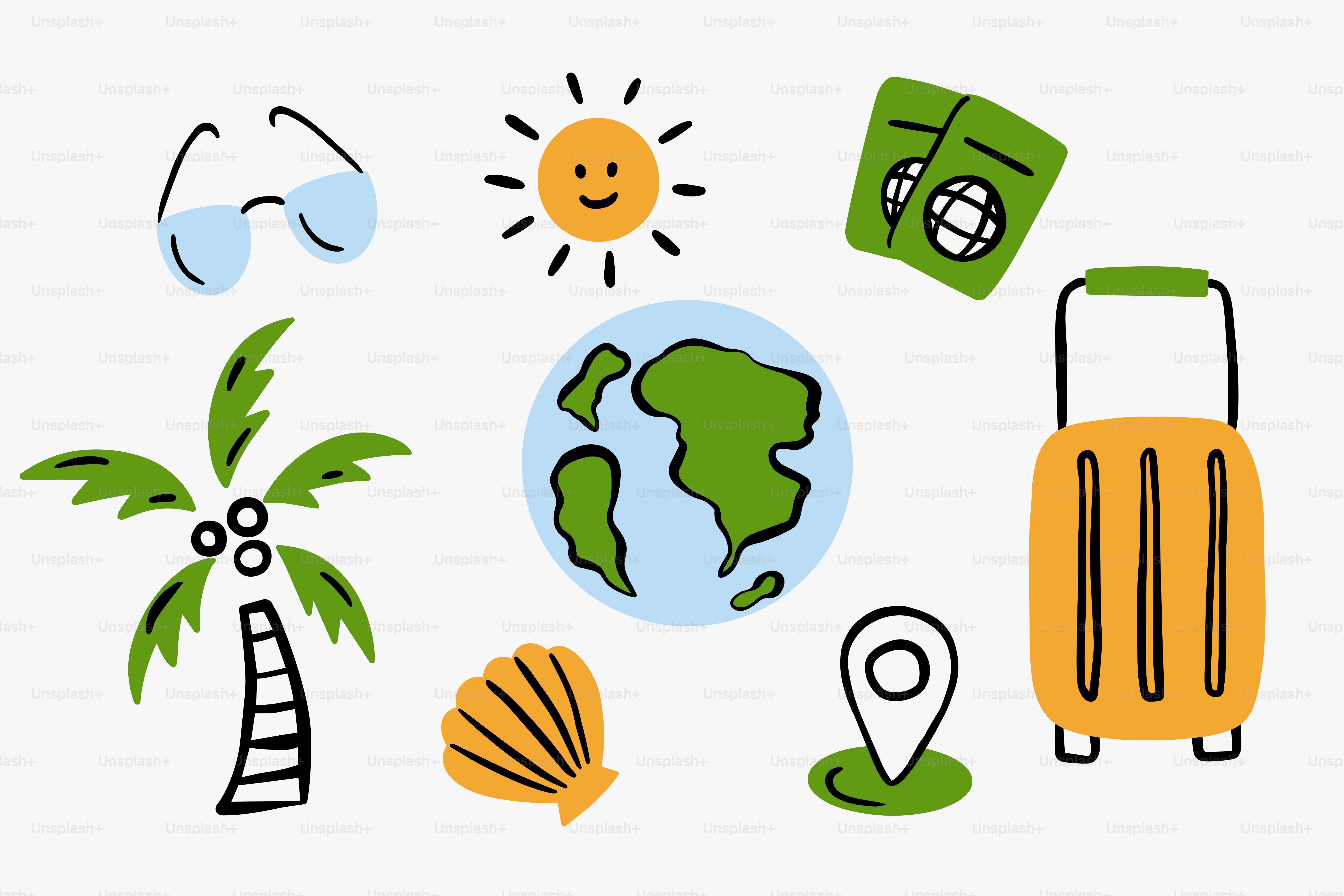 Travel essentials including sunglasses, sun, globe, and suitcase.