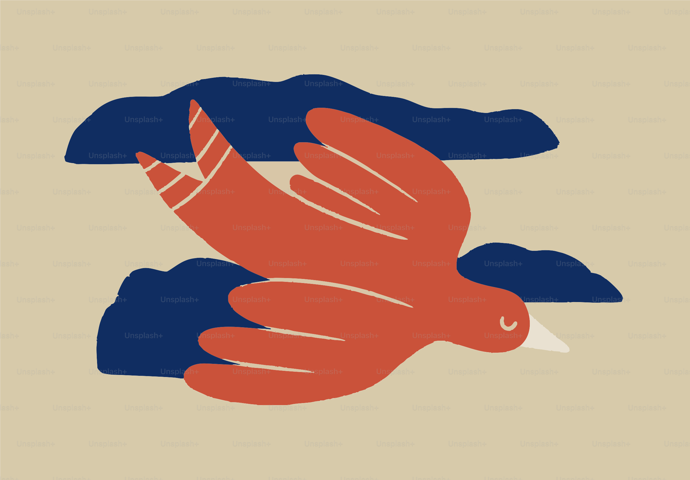 A red bird flies between dark blue clouds.
