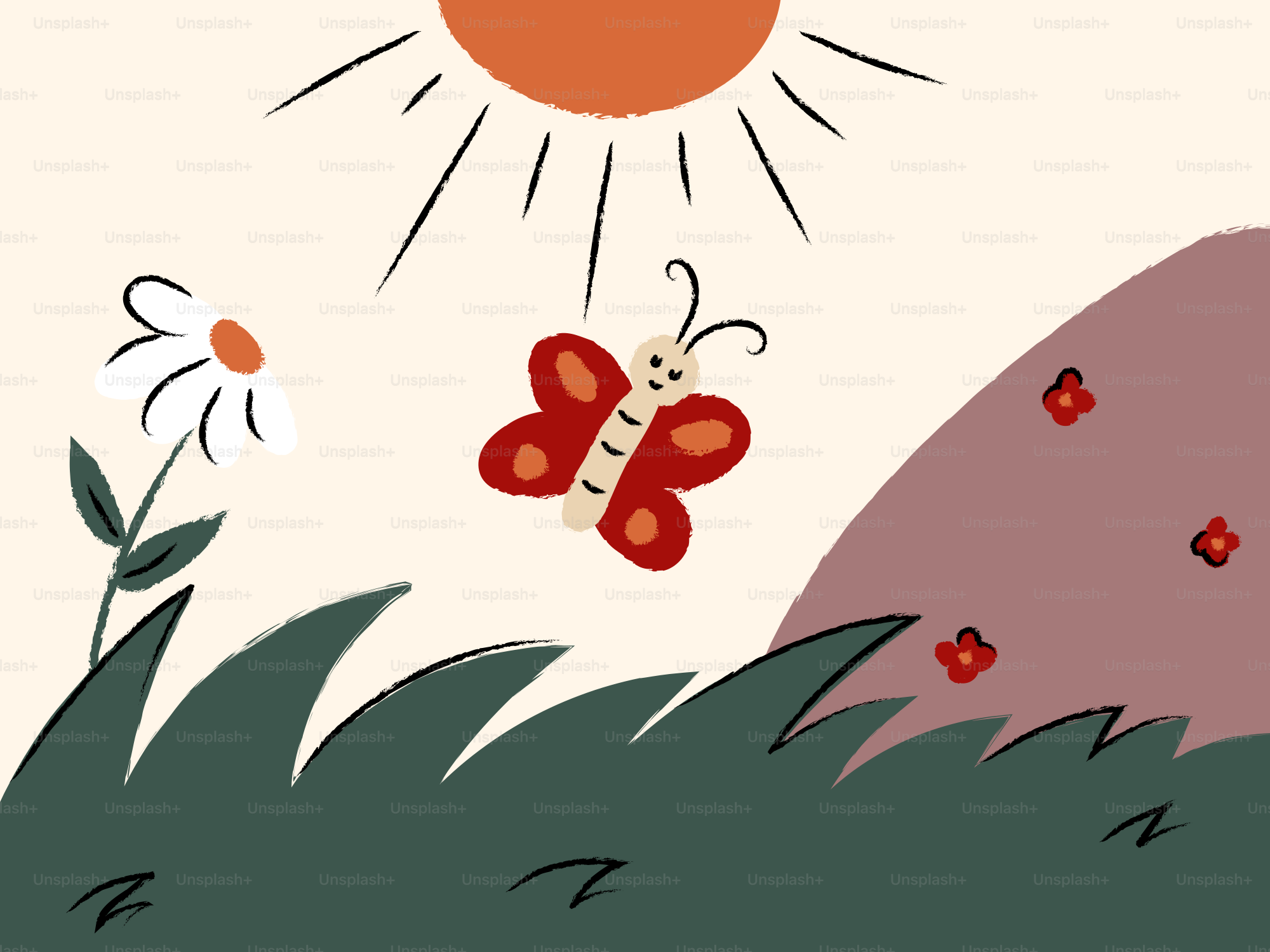 A red butterfly flies under a sun near flowers.