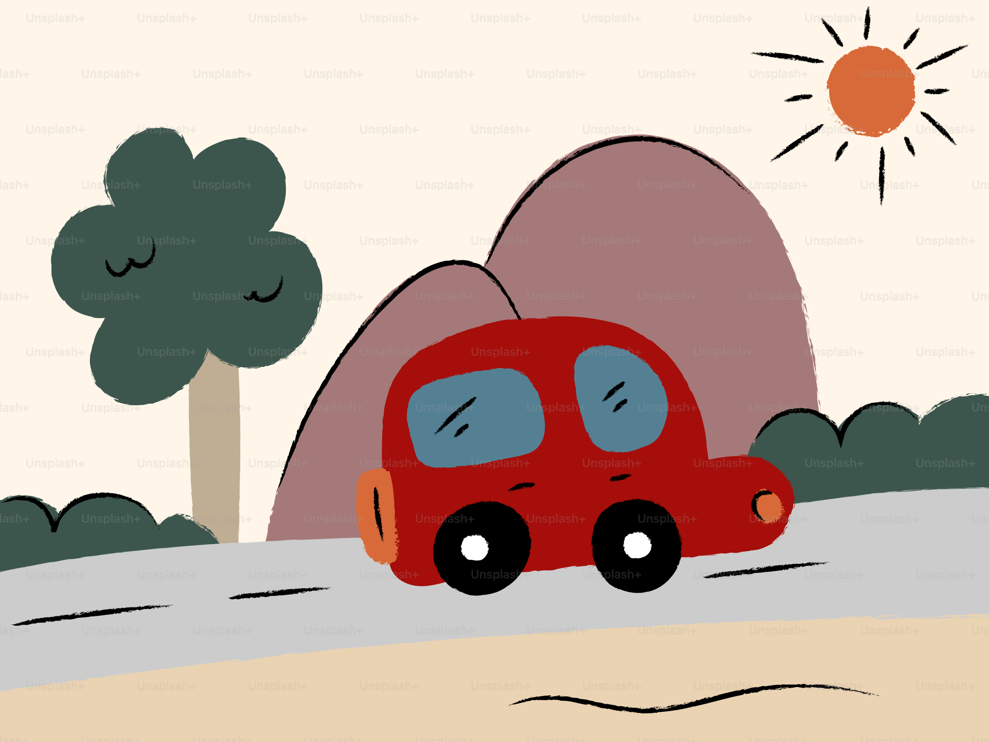 Une voiture rouge roule sur une route près des collines.