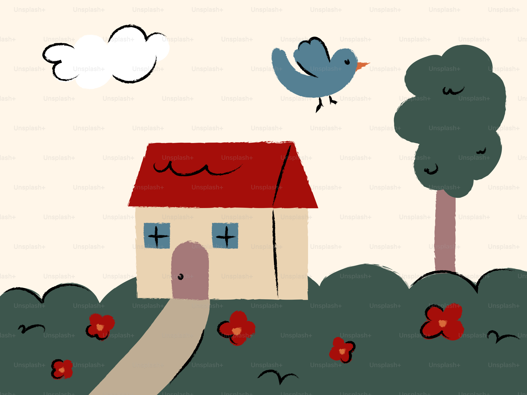 A whimsical house with a bird and tree
