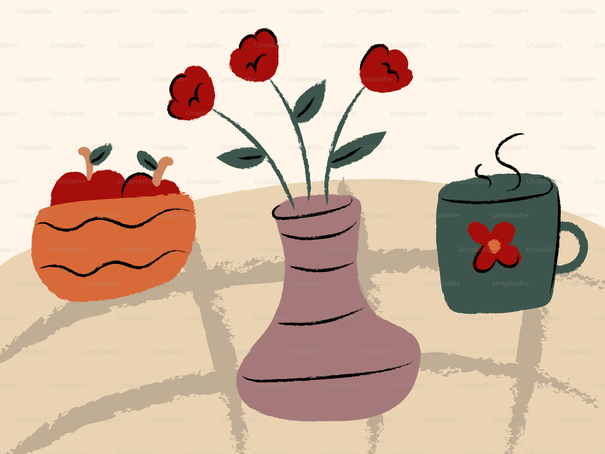 Still life with vase of flowers, apples, and coffee cup.