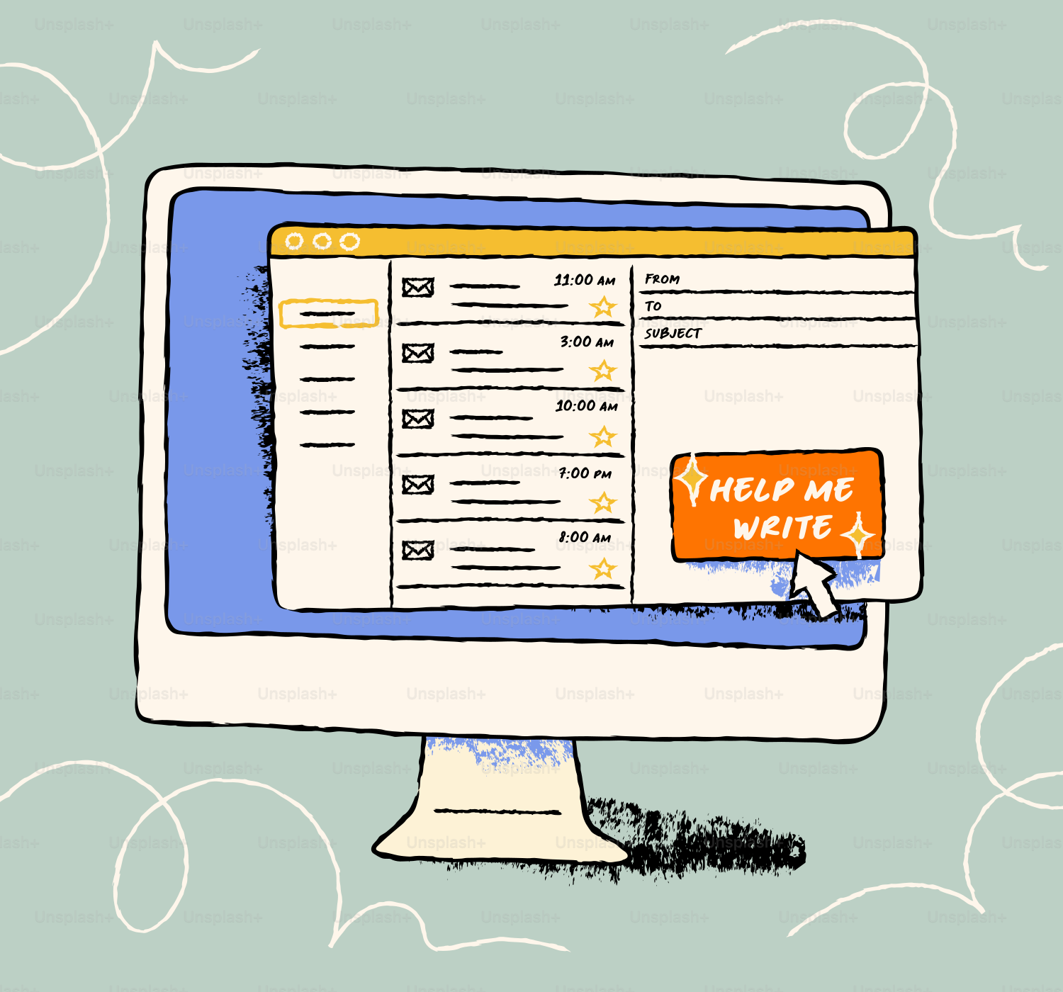 Vektor Layar komputer menampilkan kotak masuk email dengan tombol ...