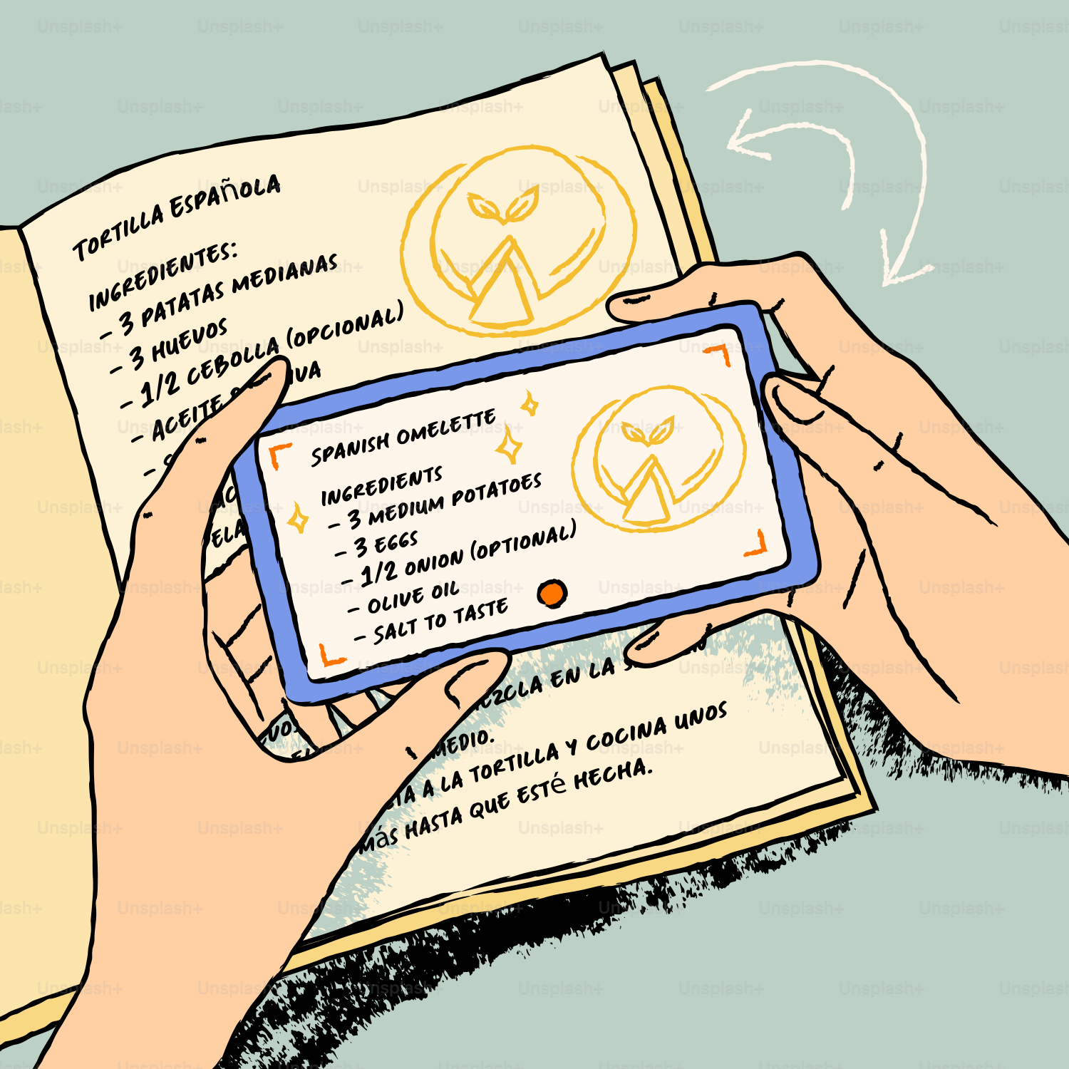 Hands holding phone showing recipe over open cookbook.