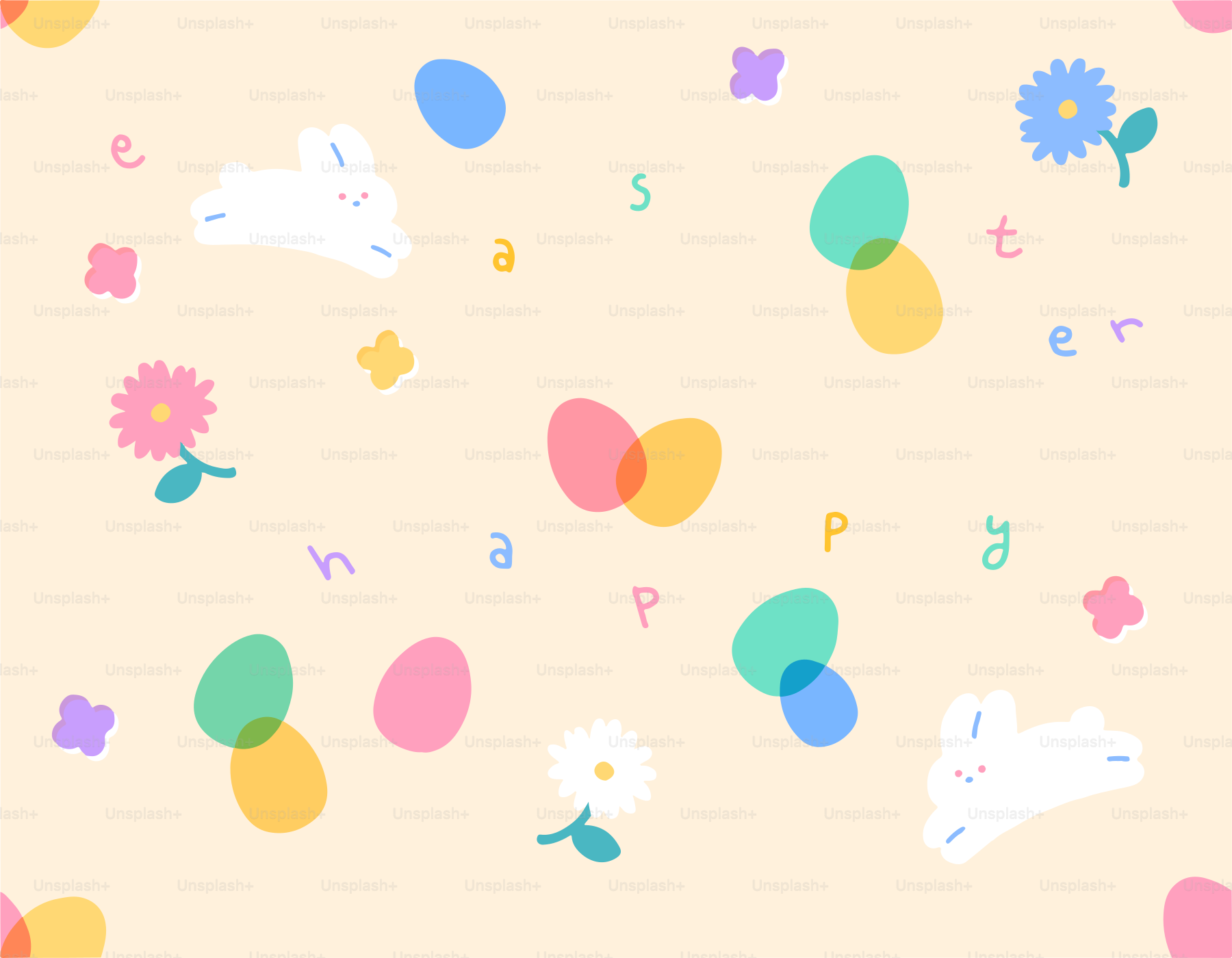 Easter bunnies, eggs, and flowers on a pastel background.