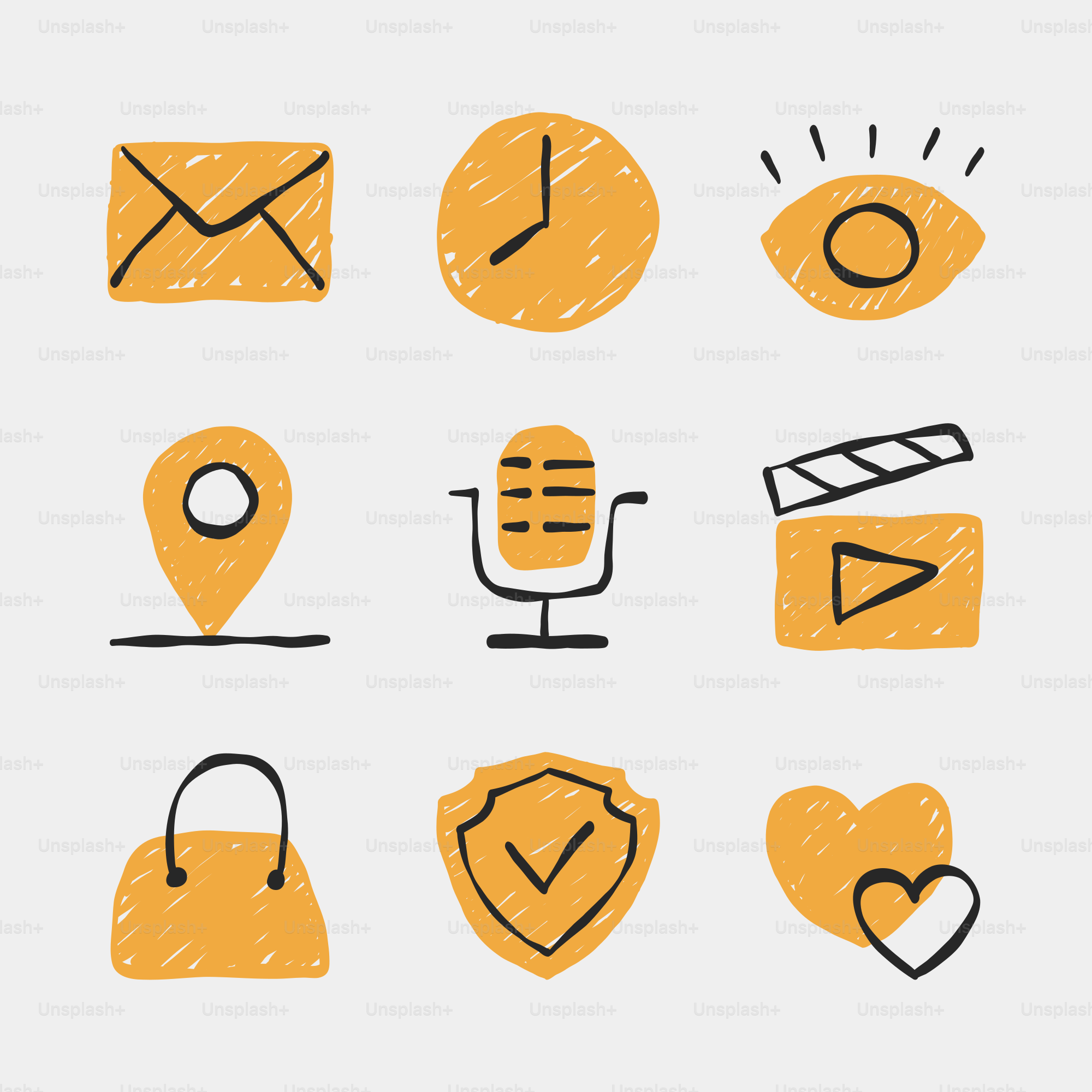 Neuf icônes de gribouillis jaunes sur fond gris.