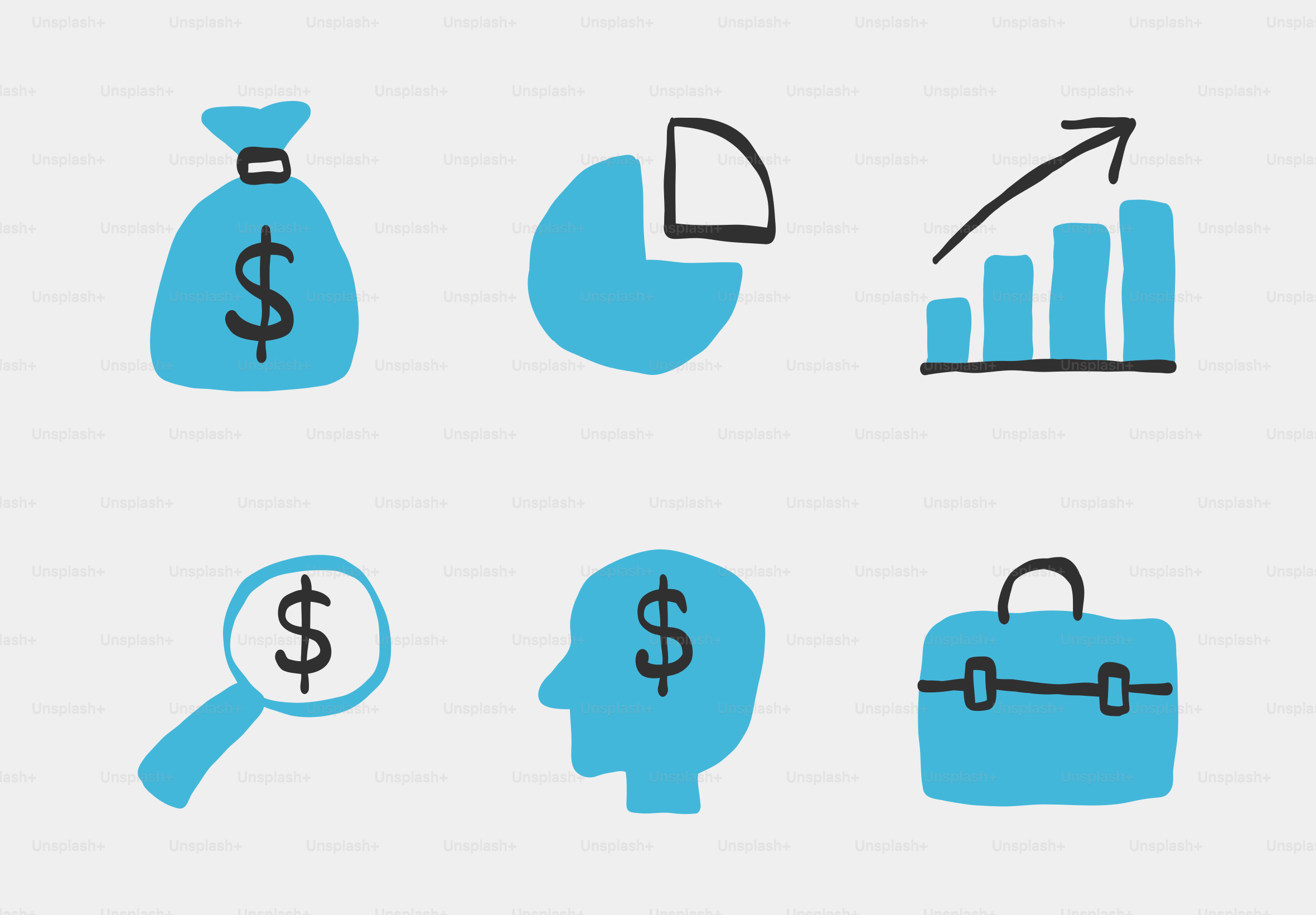 Icônes financières bleues sur fond gris clair.