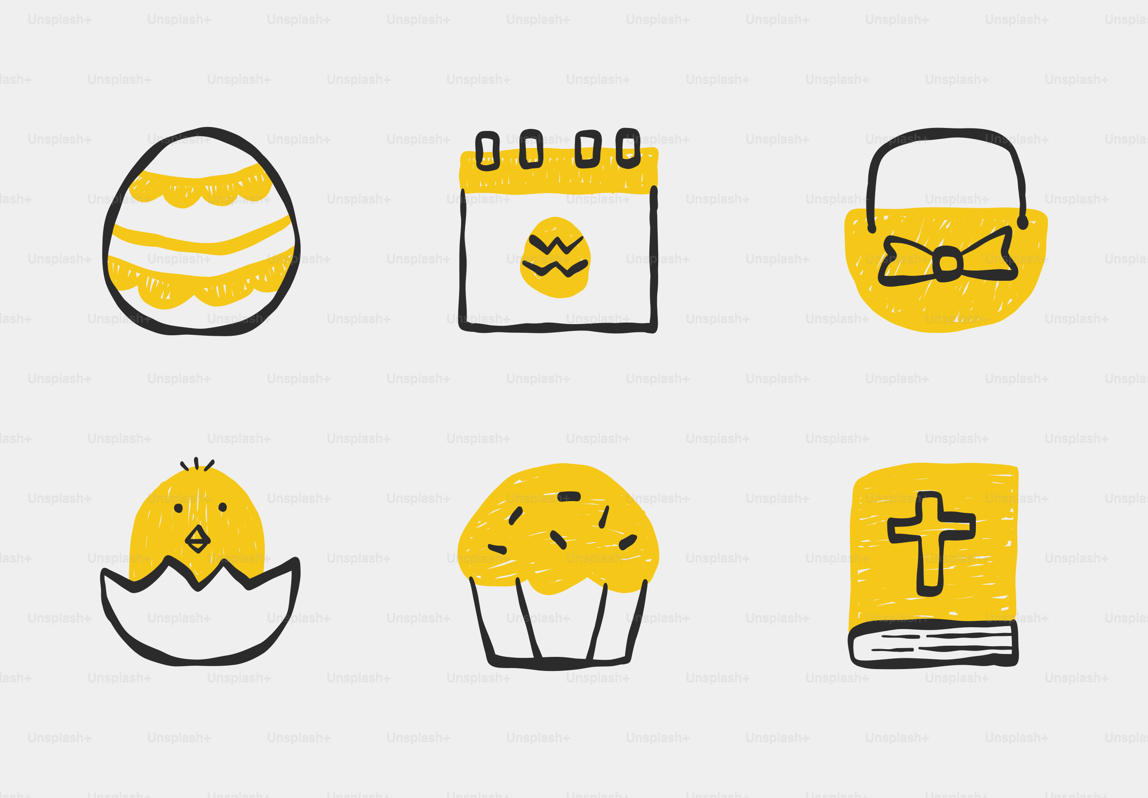 Six icônes jaunes de Pâques sur fond clair