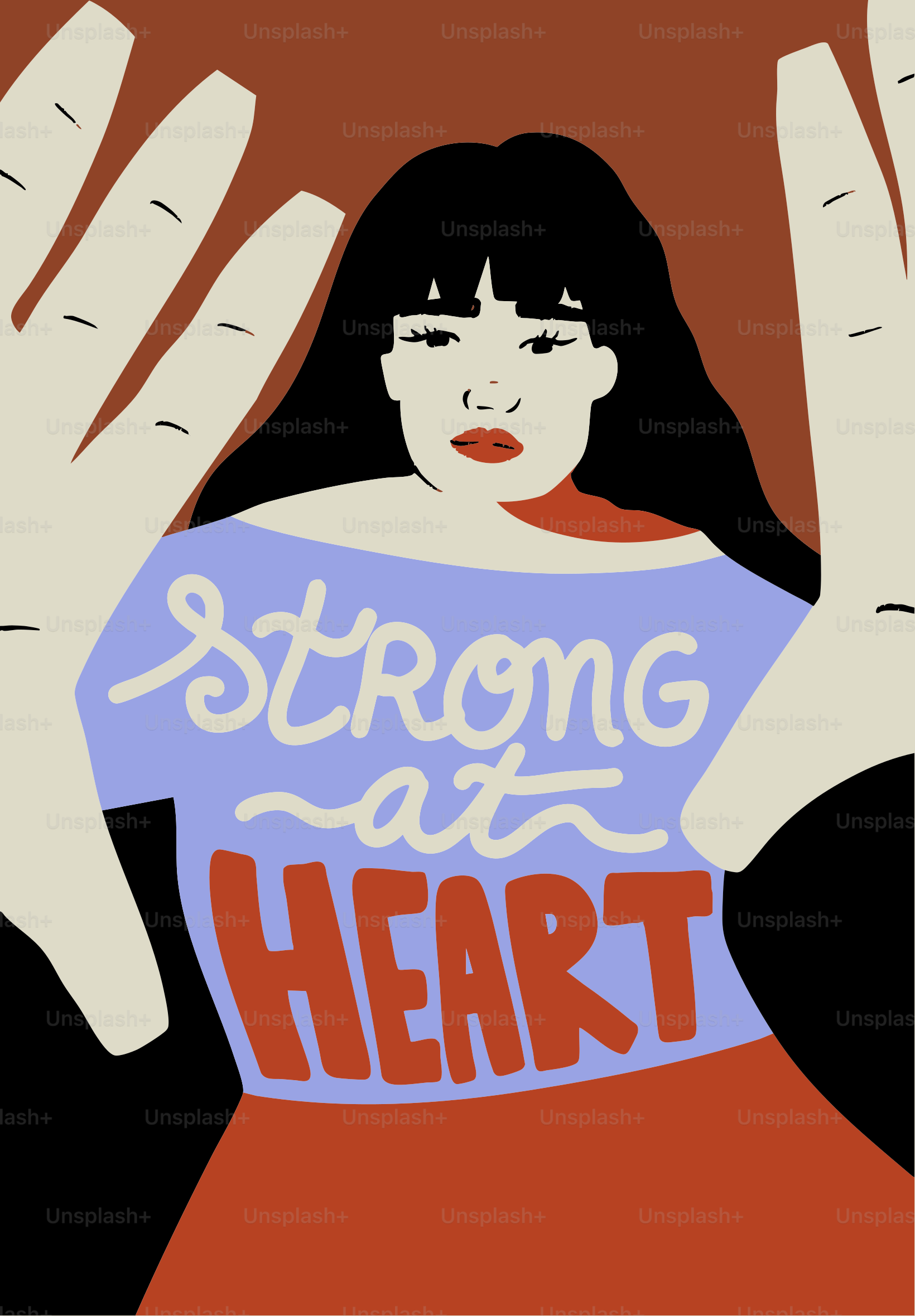 「心が強い」シャツを着て手に縁取られた女性