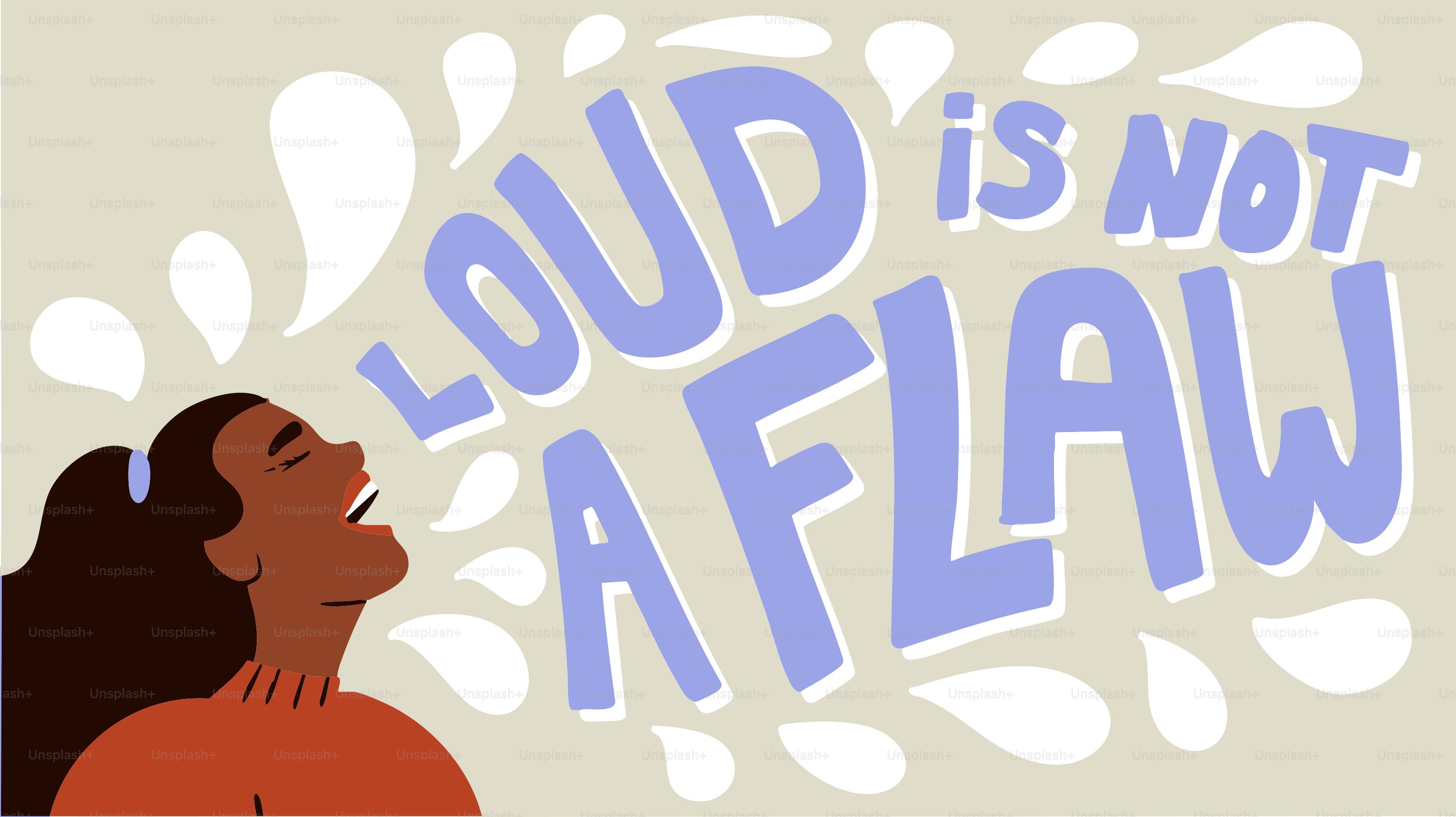 女性がテキストで「大きな声は欠点ではない」と叫ぶ