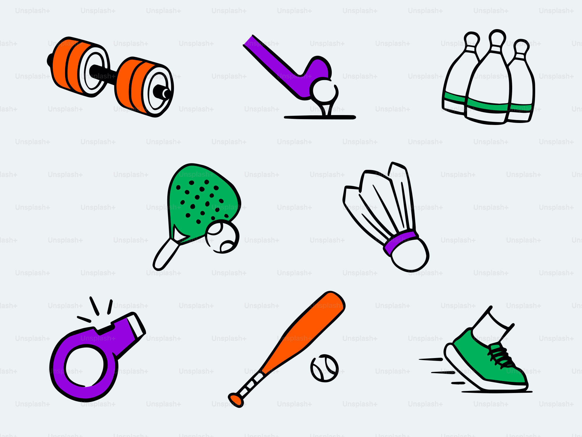 Collection d’icônes colorées d’équipements sportifs sur fond clair