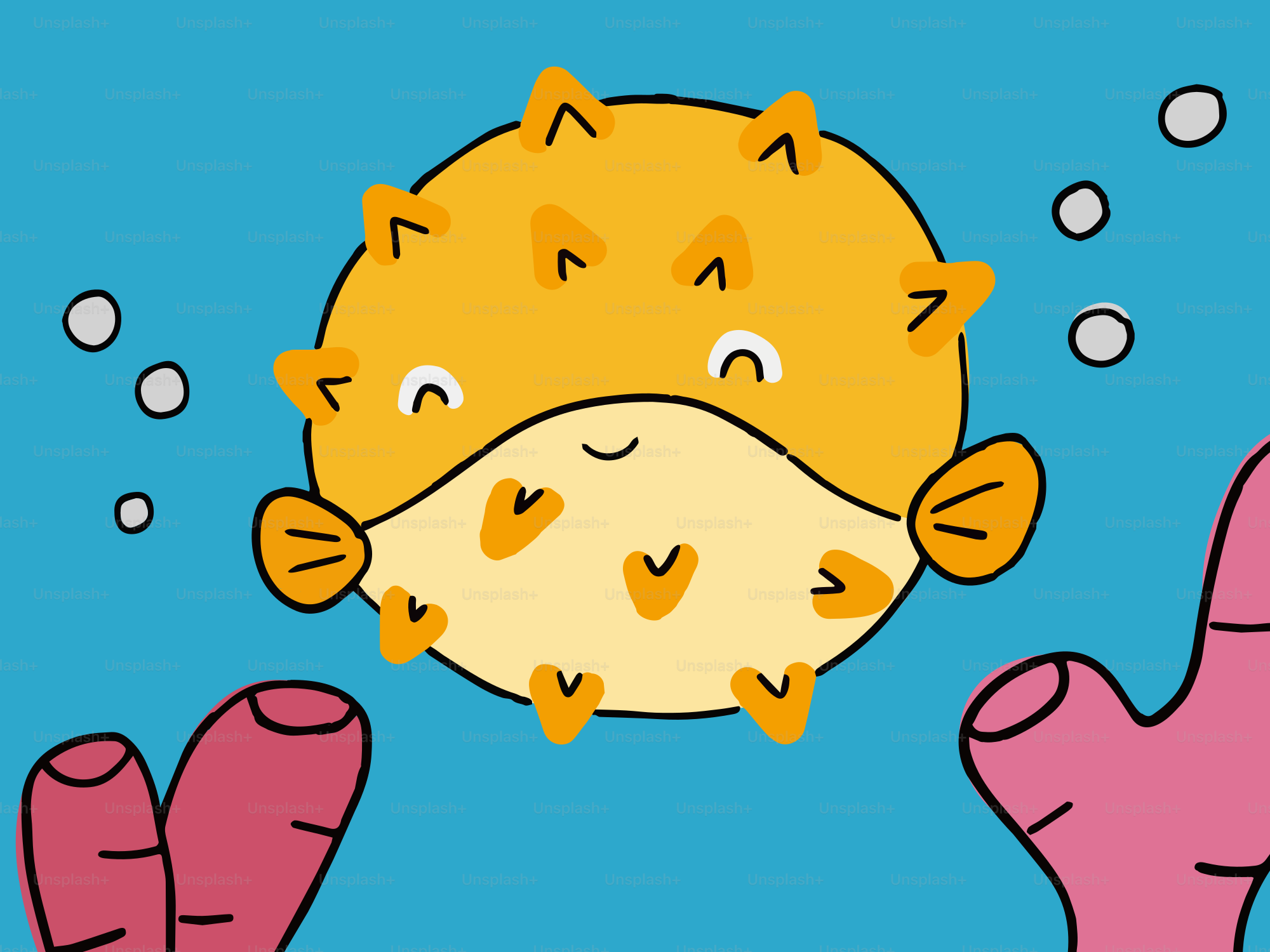 A cute cartoon pufferfish swims near coral.