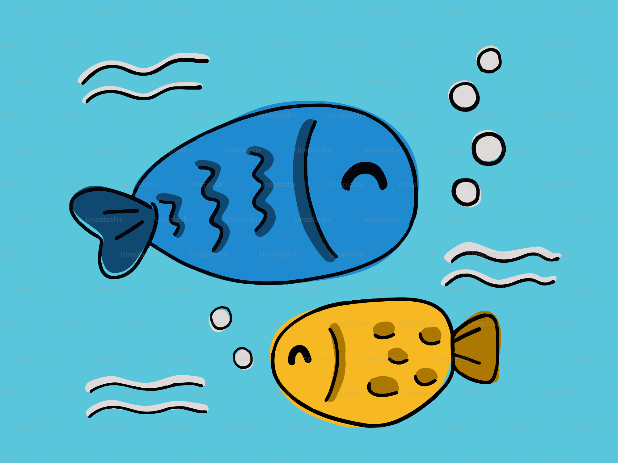 Zwei Cartoon-Fische, die in blauem Wasser schwimmen