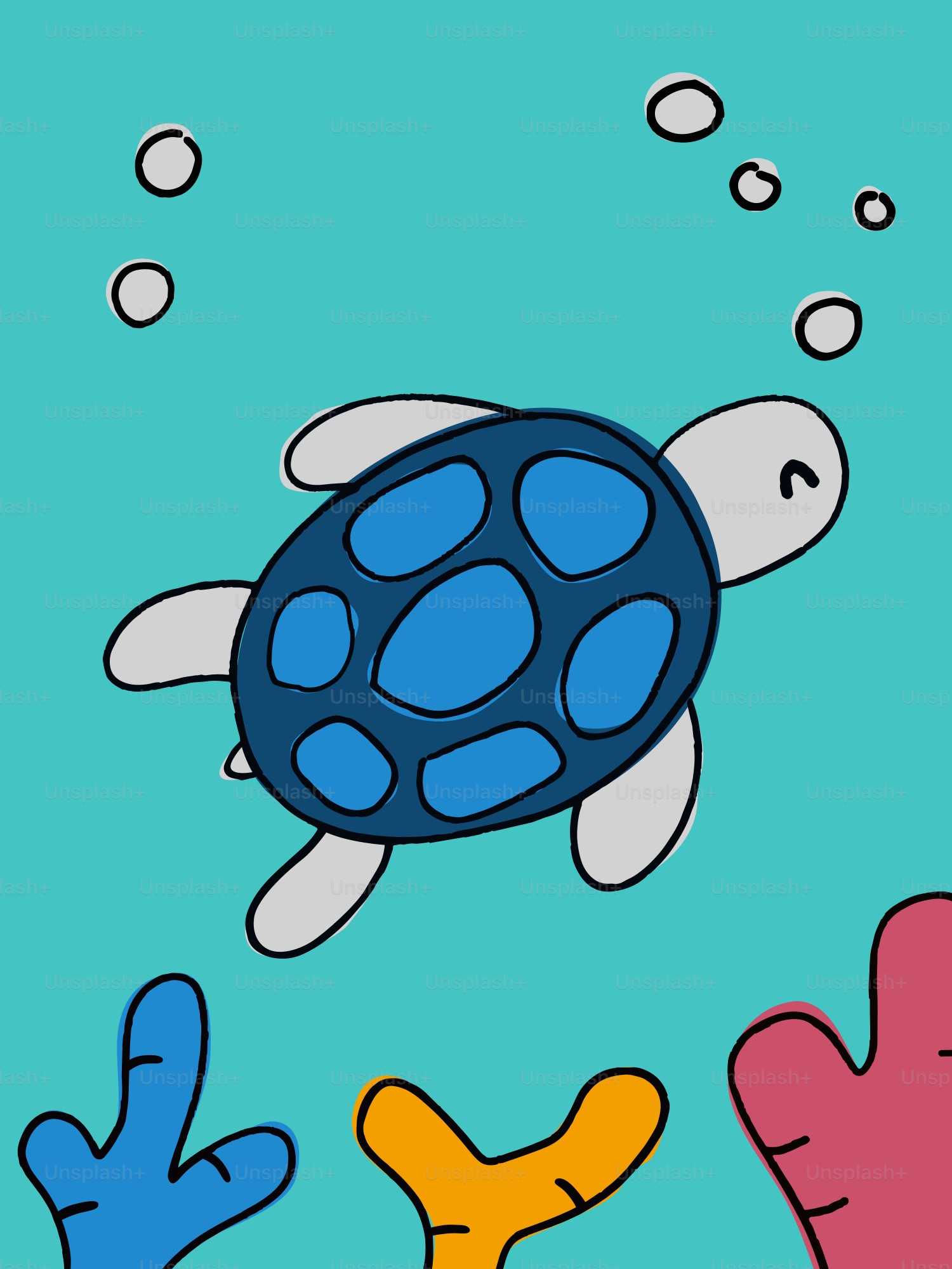 Eine Cartoon-Meeresschildkröte schwimmt unter Wasser mit Korallen.