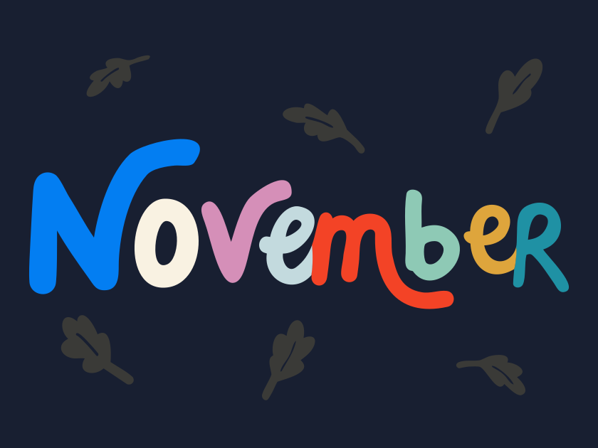 Texto colorido "november" com folhas caindo