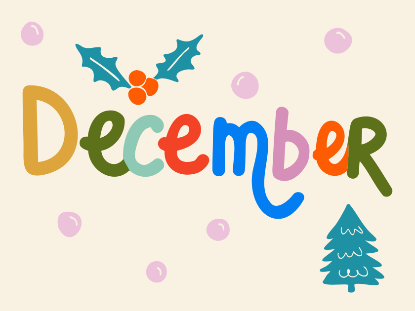 The word december with festive holiday icons.