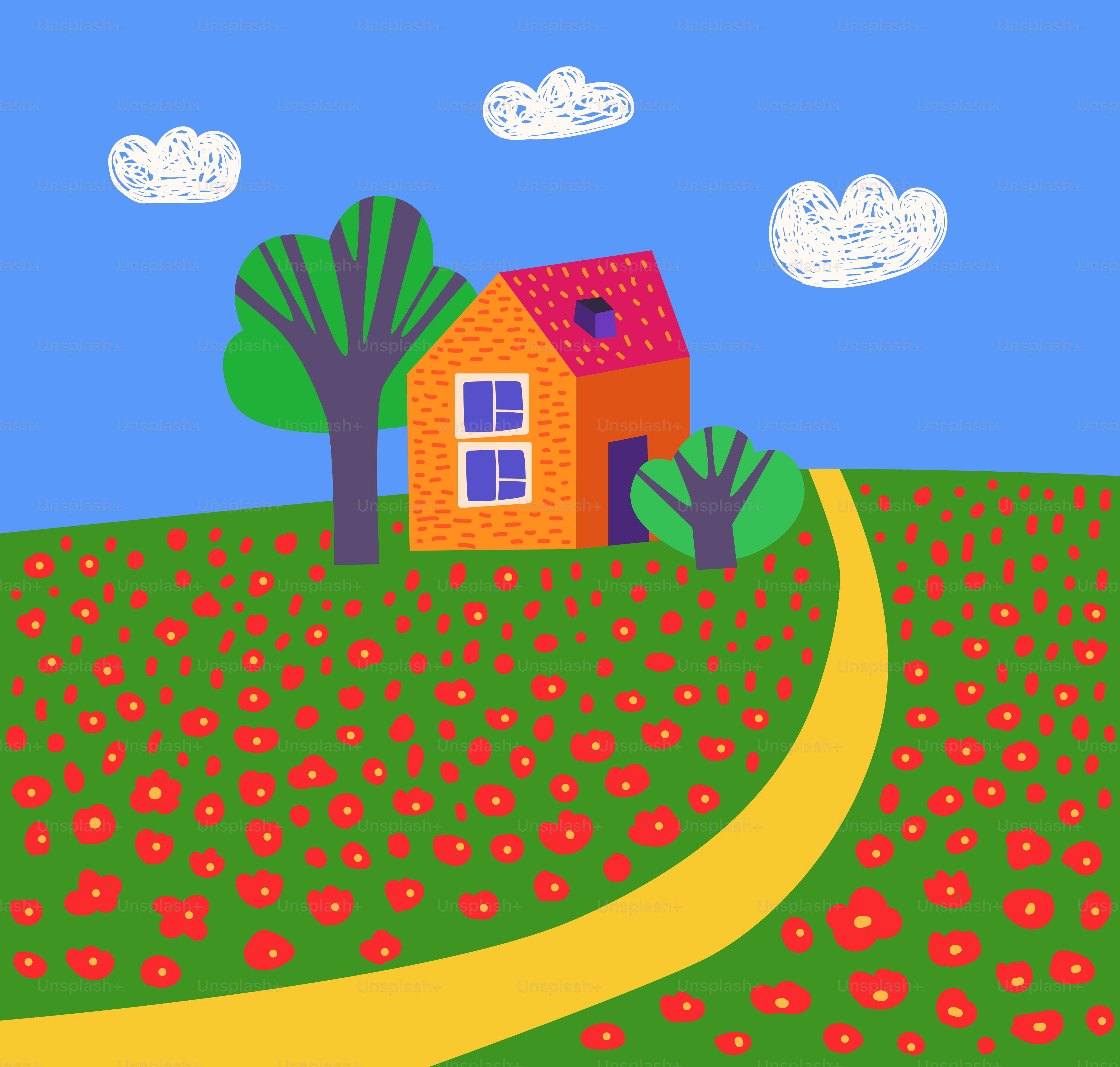 A whimsical house sits on a hill of red flowers.