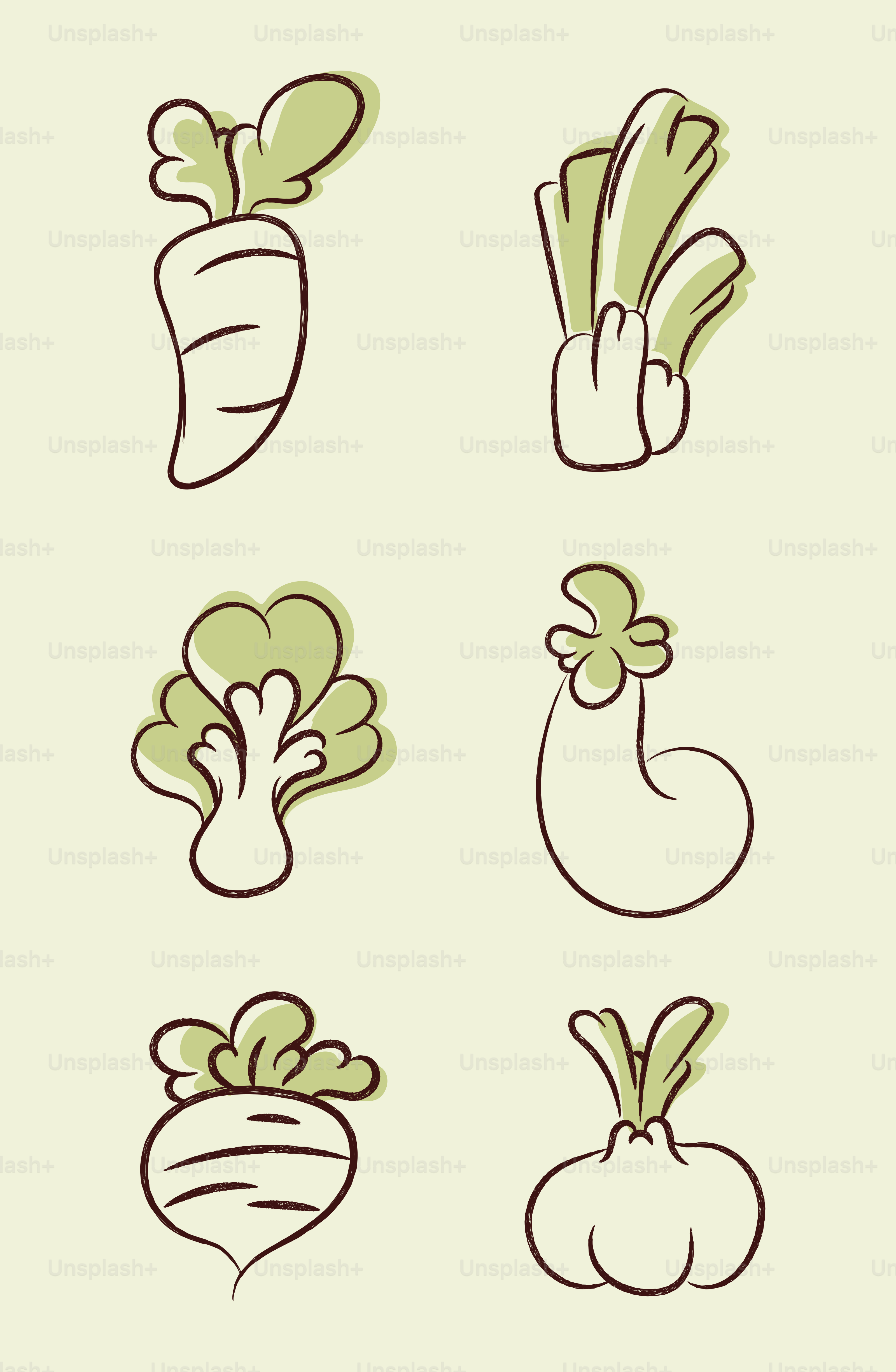 Stylized cartoon vegetables: carrot, leek, bok choy, eggplant, turnip, onion.