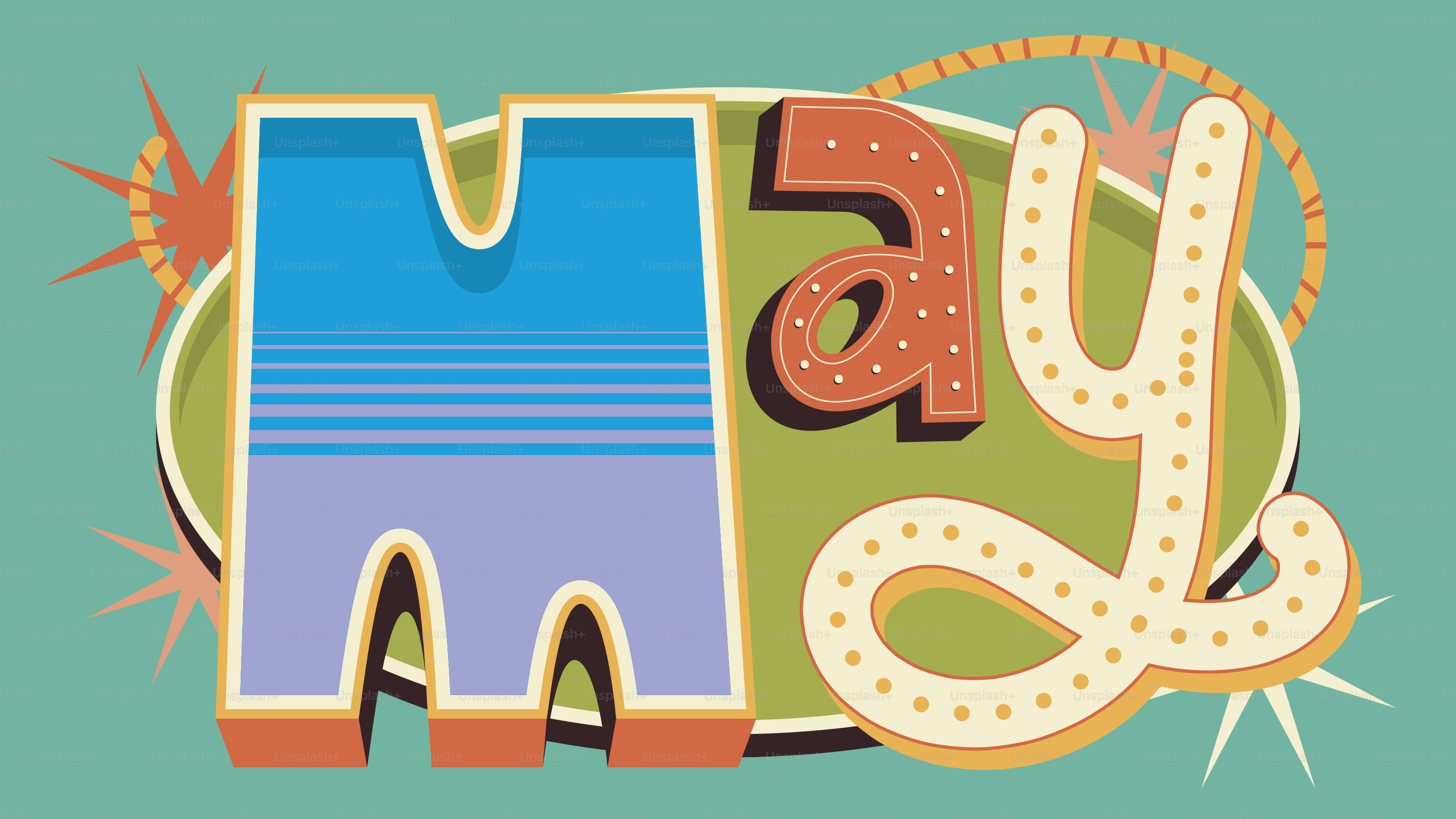Retro style "may" text with colorful marquee lights.