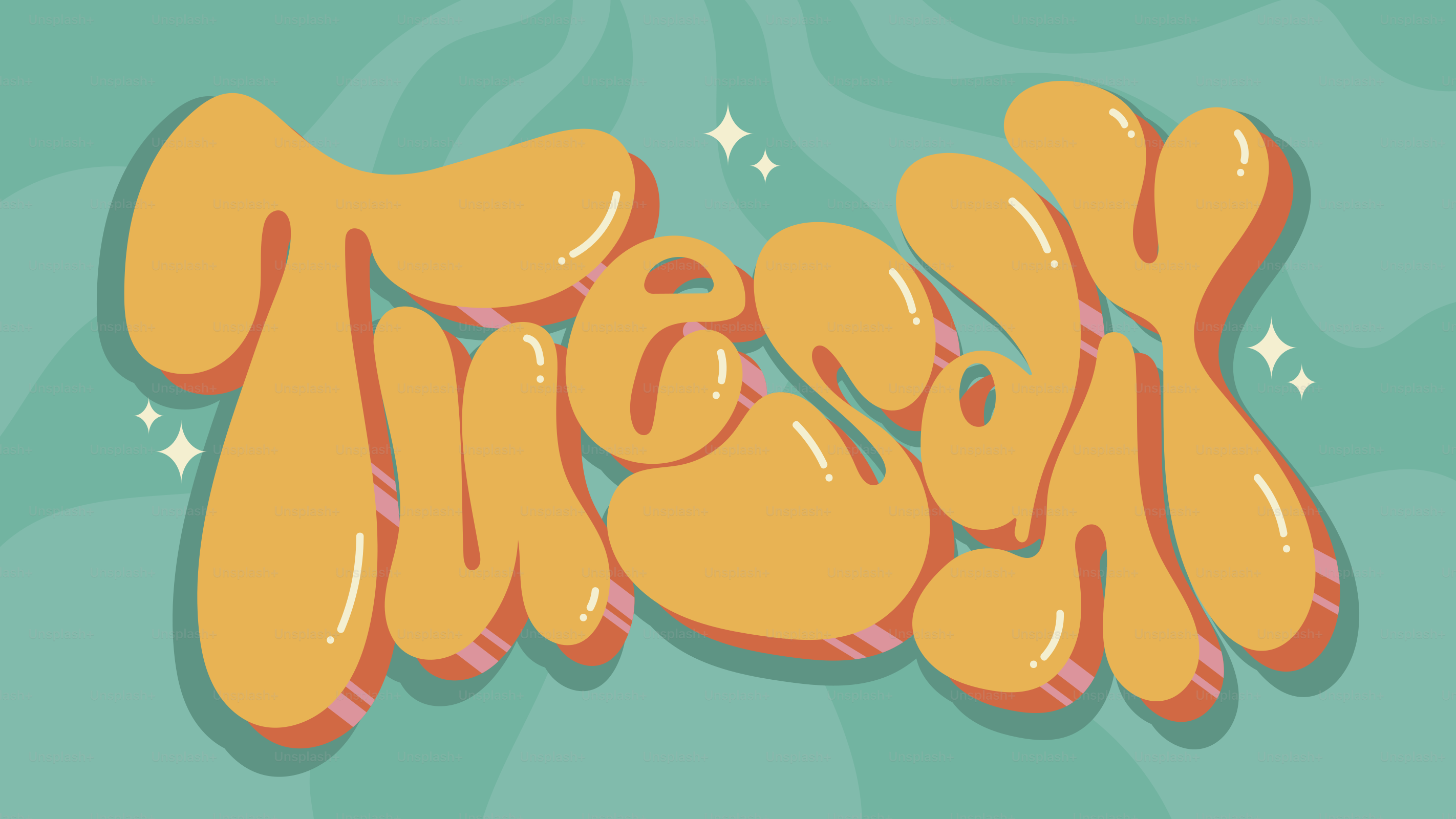 Orange bubbly text on a teal background
