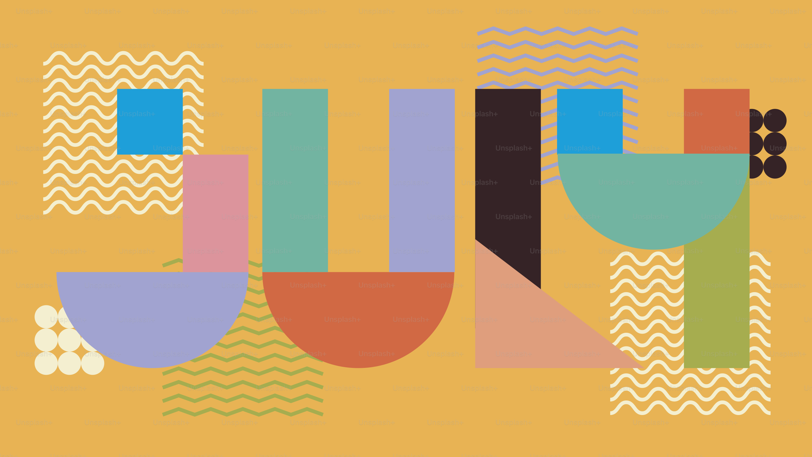 Abstract geometric shapes in pastel colors on yellow background