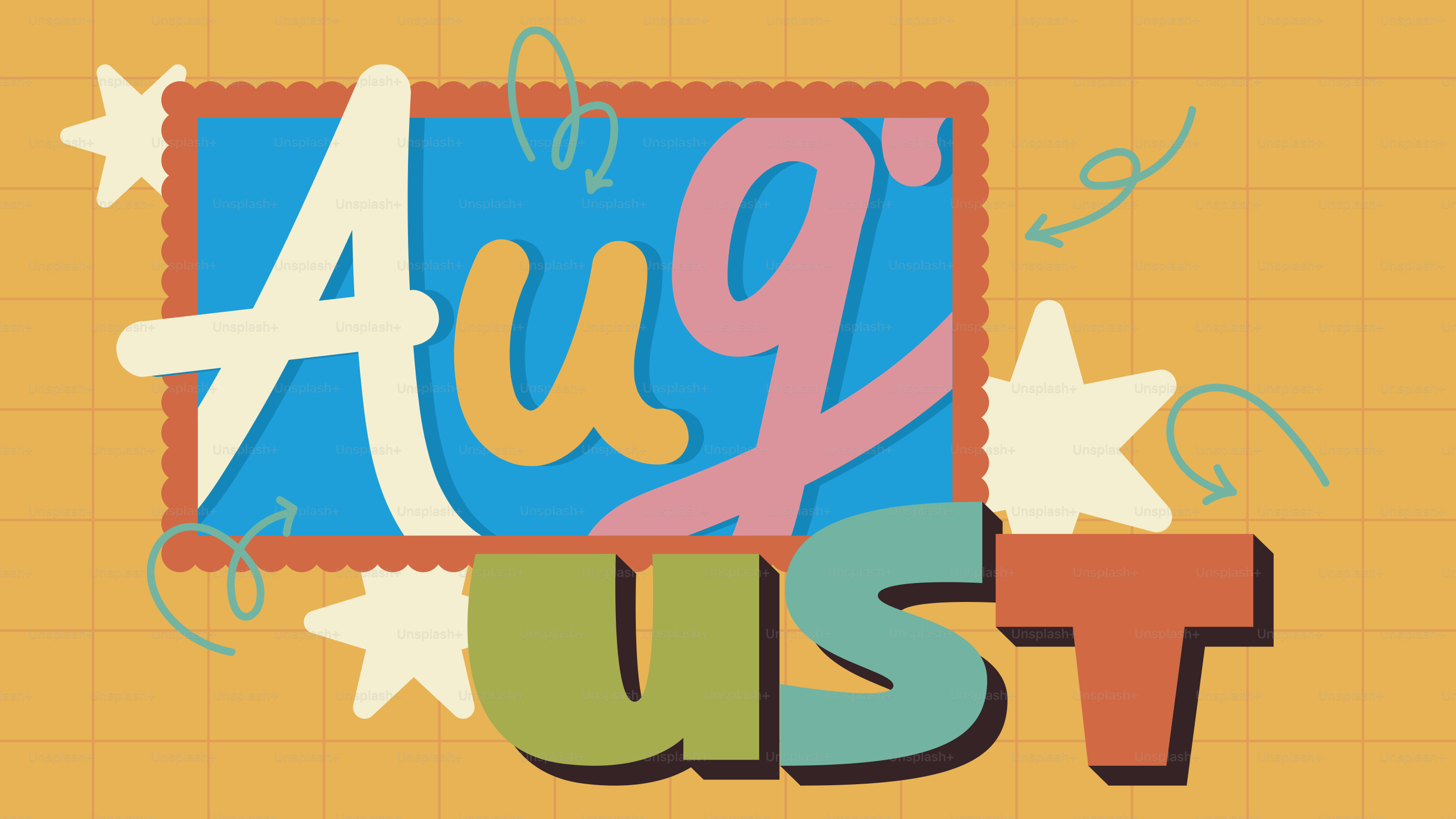 The word august in colorful, playful lettering.