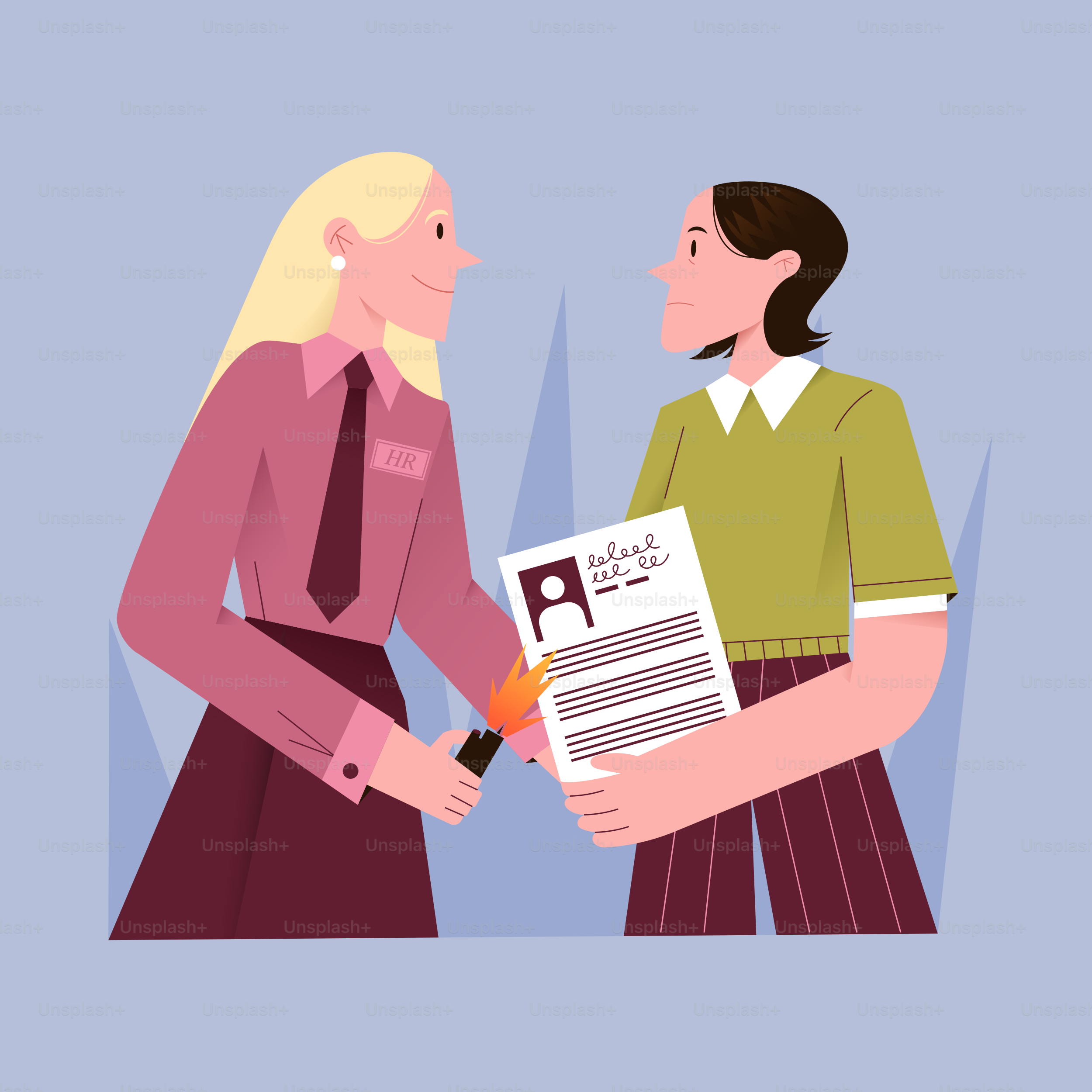 Woman burns resume with a lighter, another woman watches