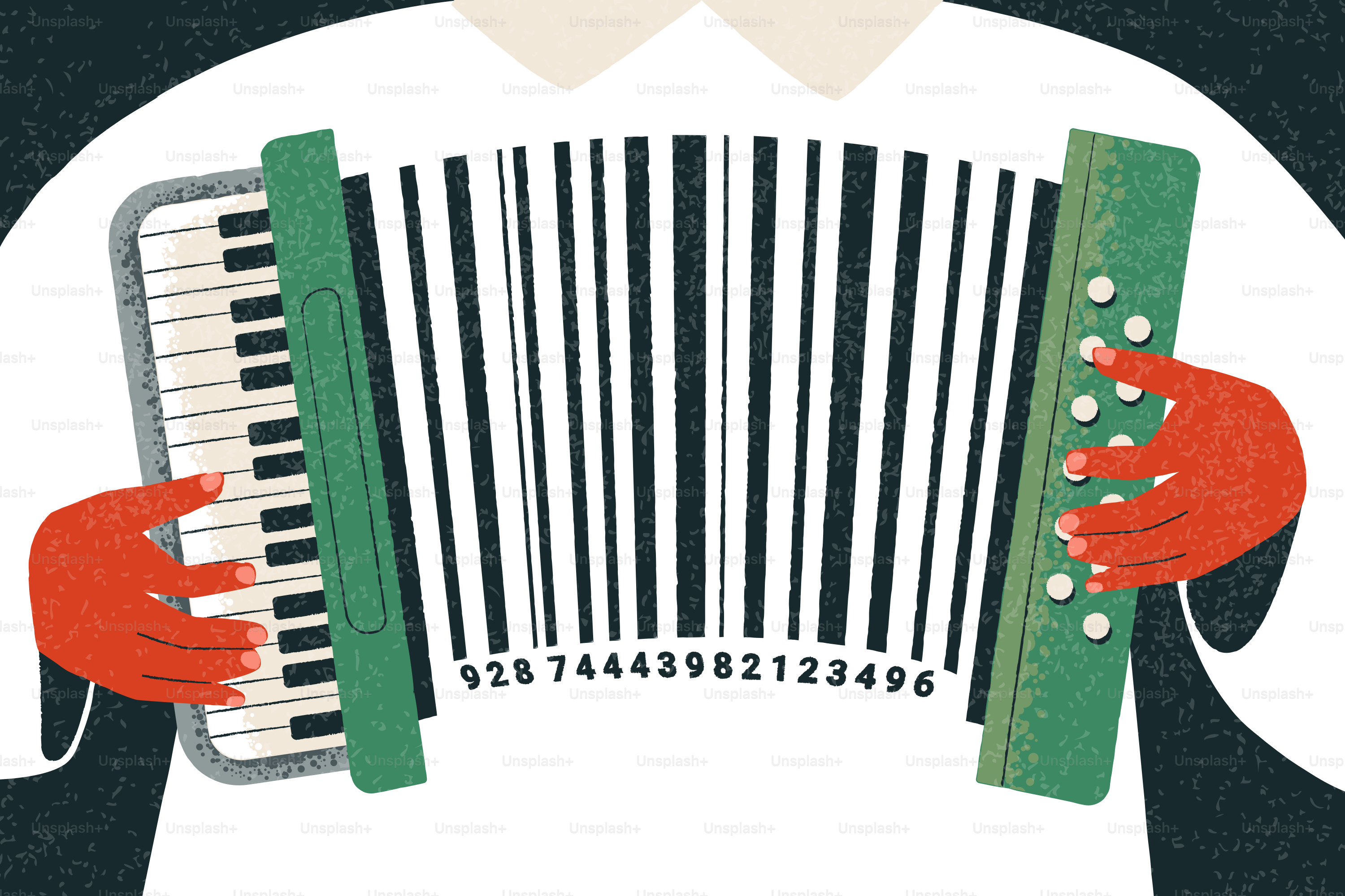 Des mains jouant d’un accordéon avec un code à barres