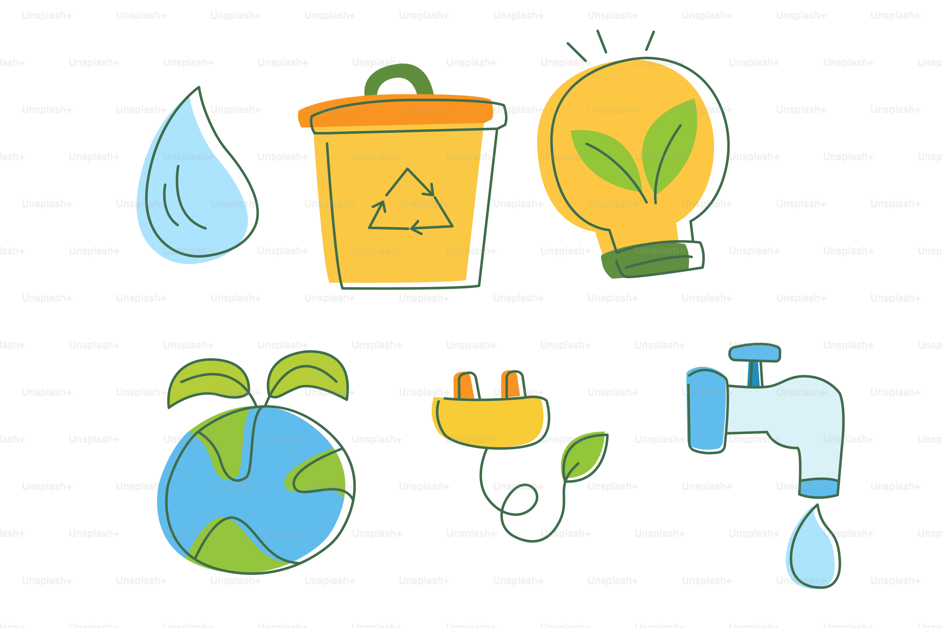 Iconos ambientales: gota de agua, cubo de basura, bombilla, tierra, enchufe, grifo.