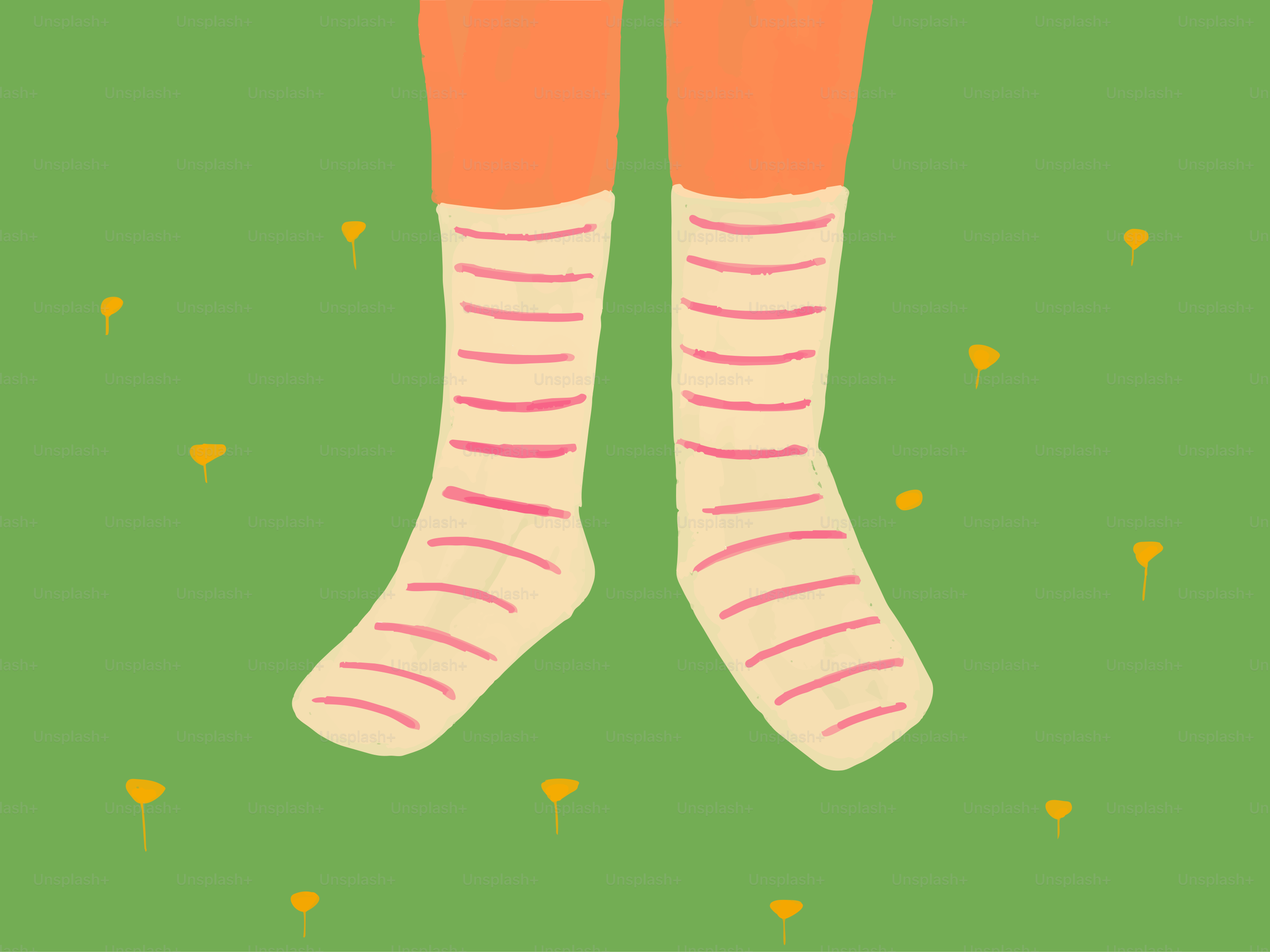 Feet in striped socks on green grass with yellow flowers
