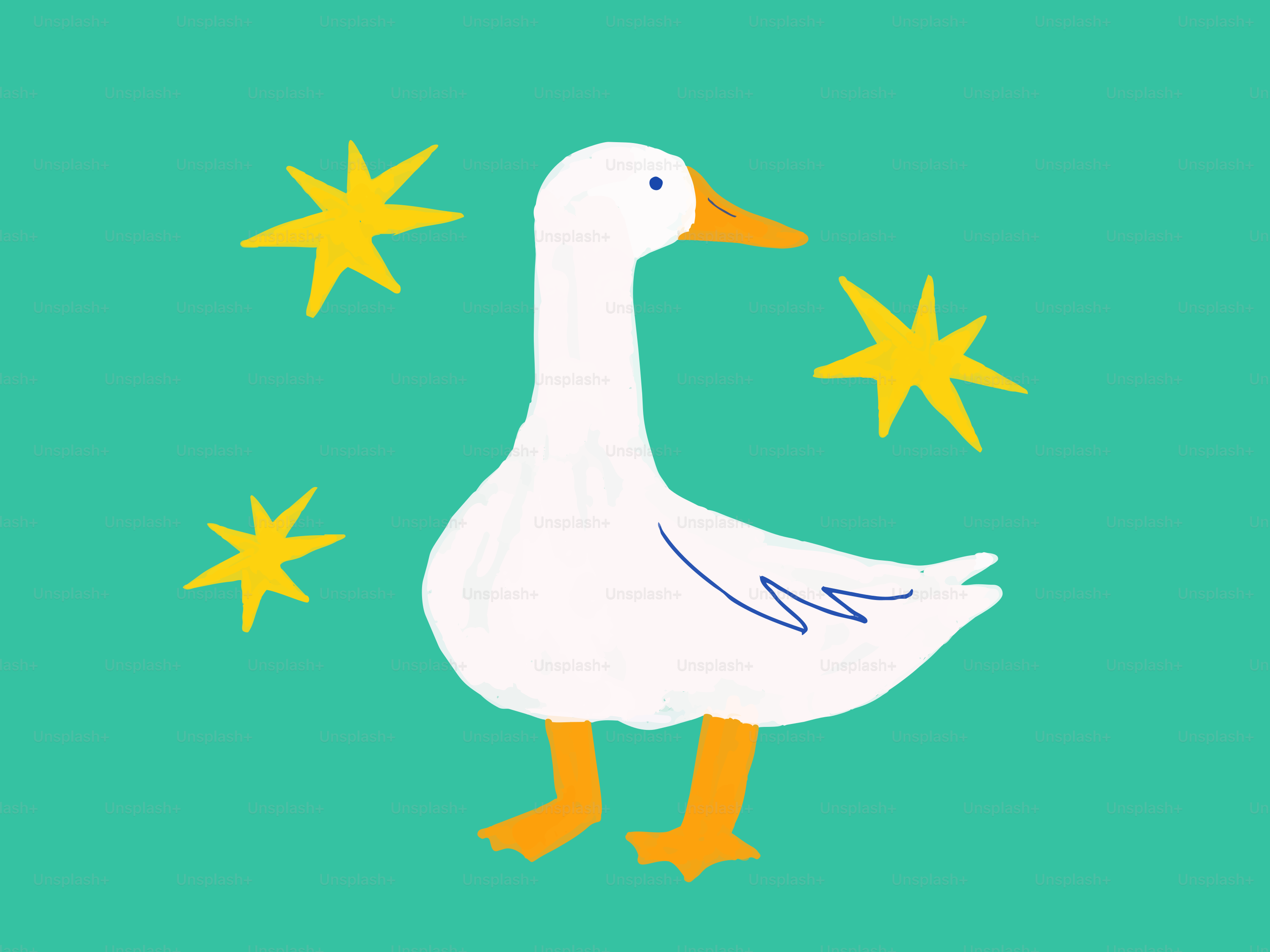 Eine weiße Gans mit gelben Sternen auf türkisfarbenem Hintergrund