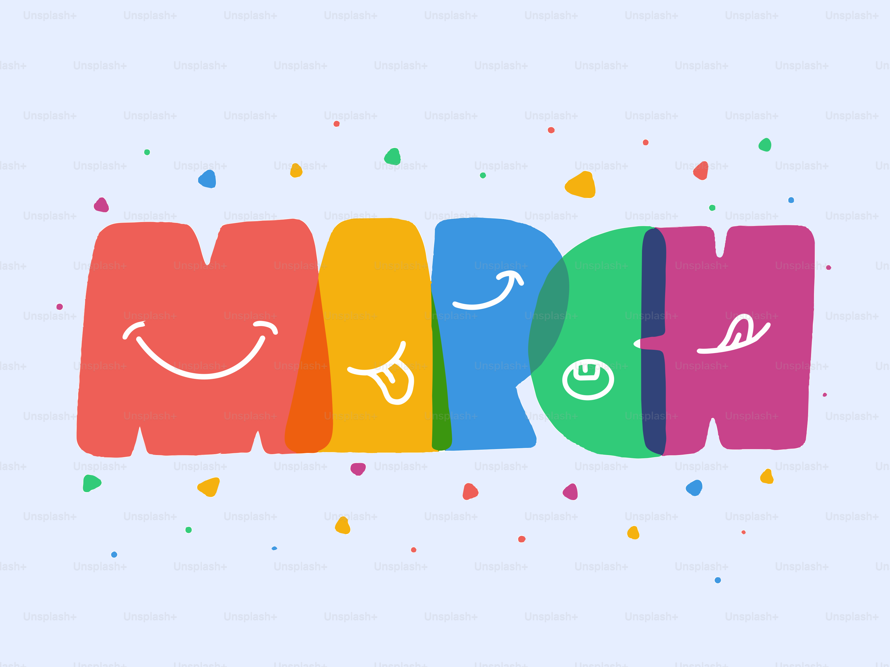 Colorful letters spell out march with faces.