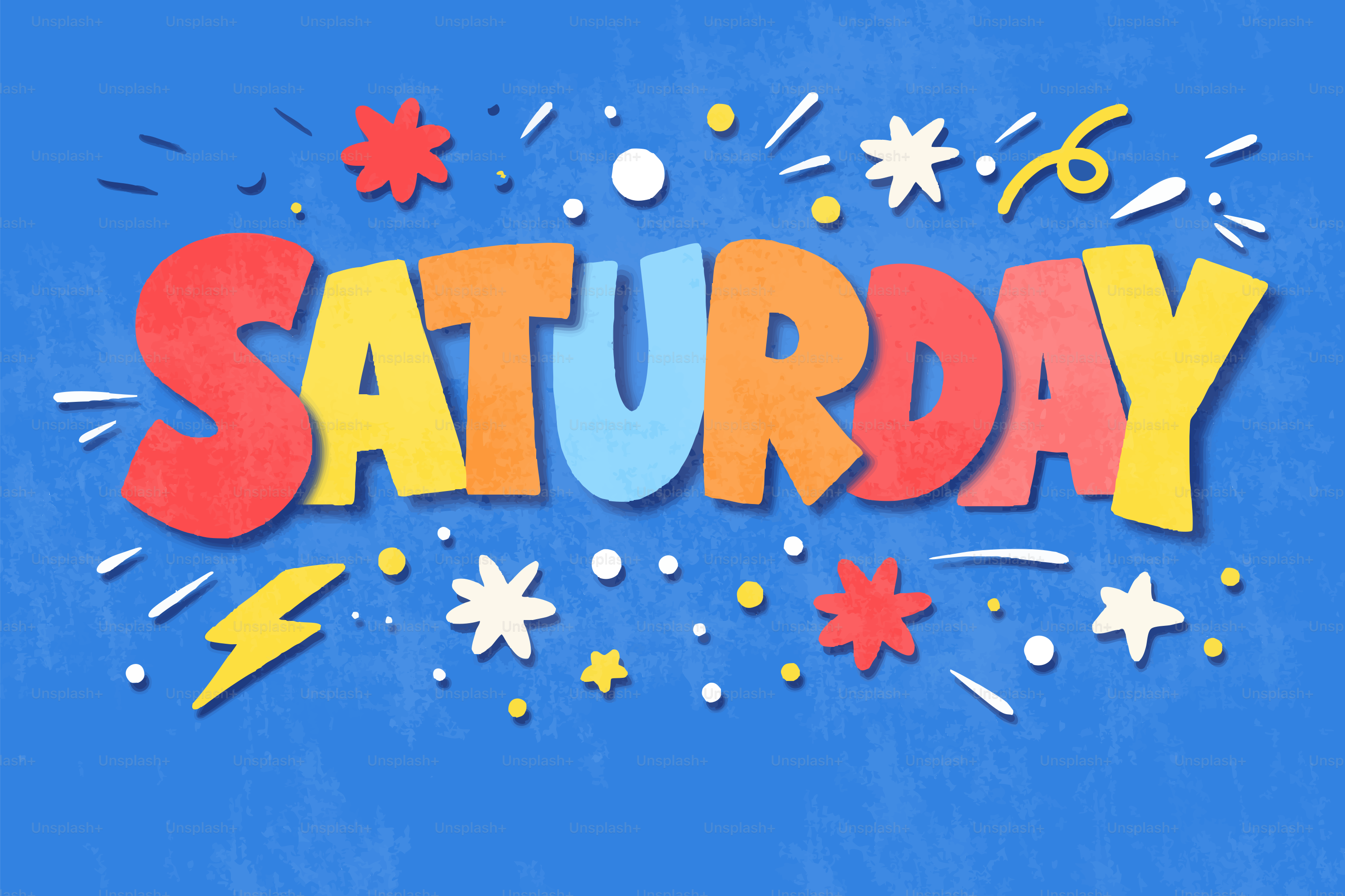 Colorful "saturday" text with festive confetti.