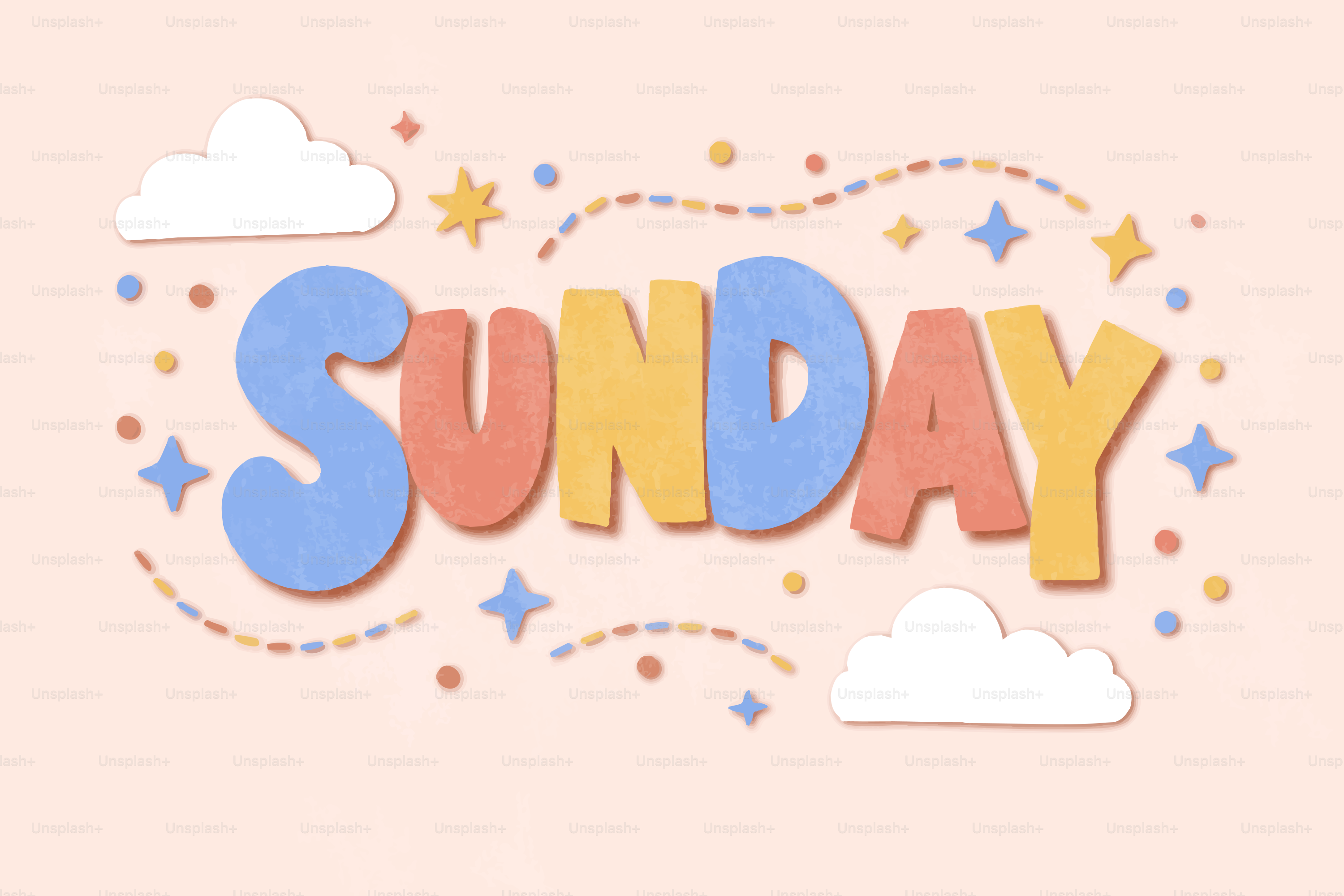 구름과 별이 있는 다채로운 글자가 Sunday를 표기했다