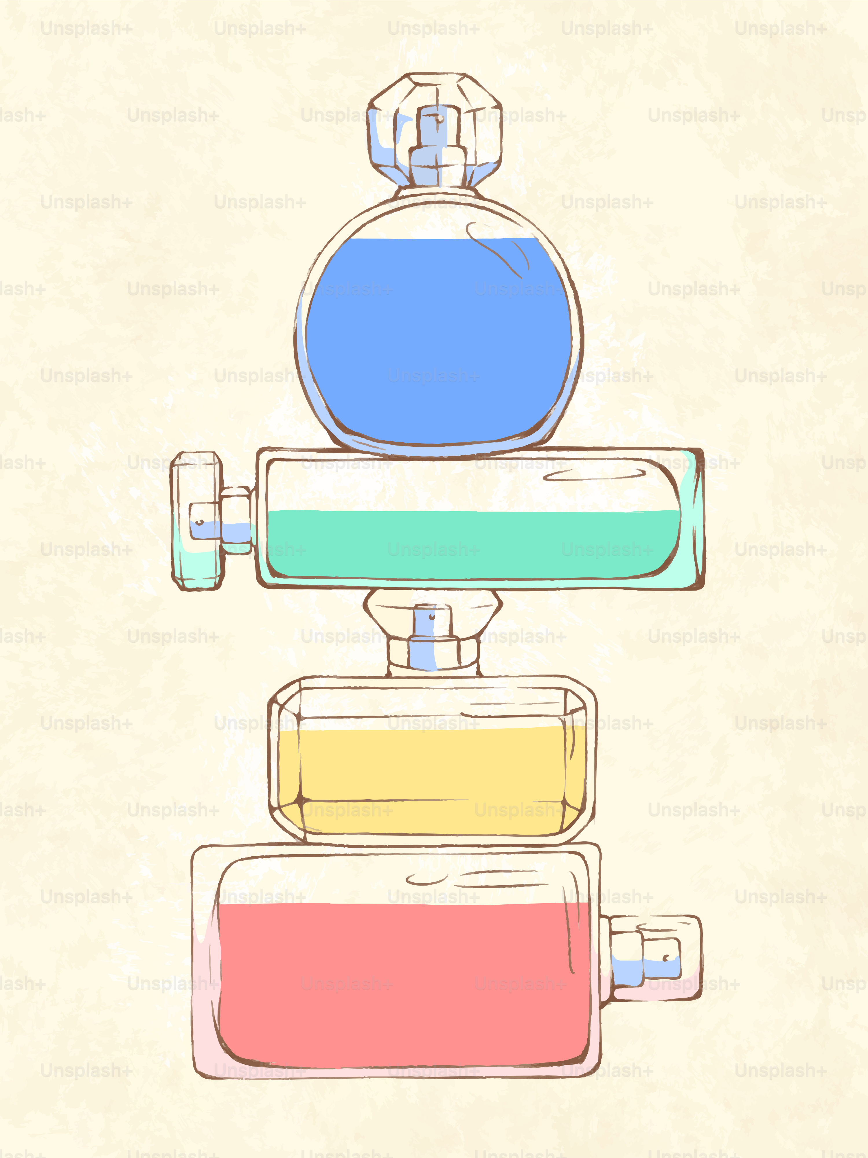 Stack of colorful perfume bottles on textured background