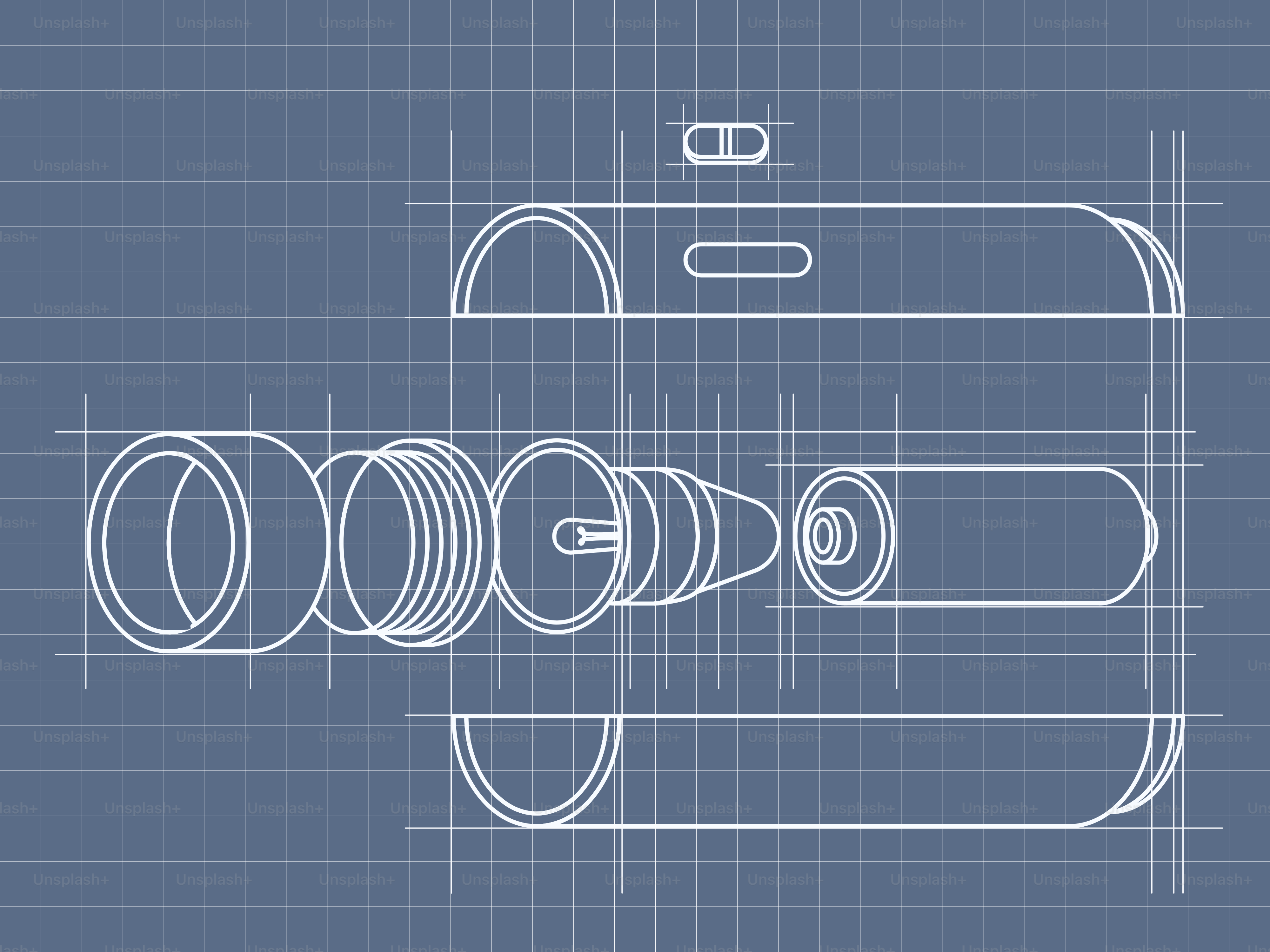Exploded view technical drawing of a flashlight.