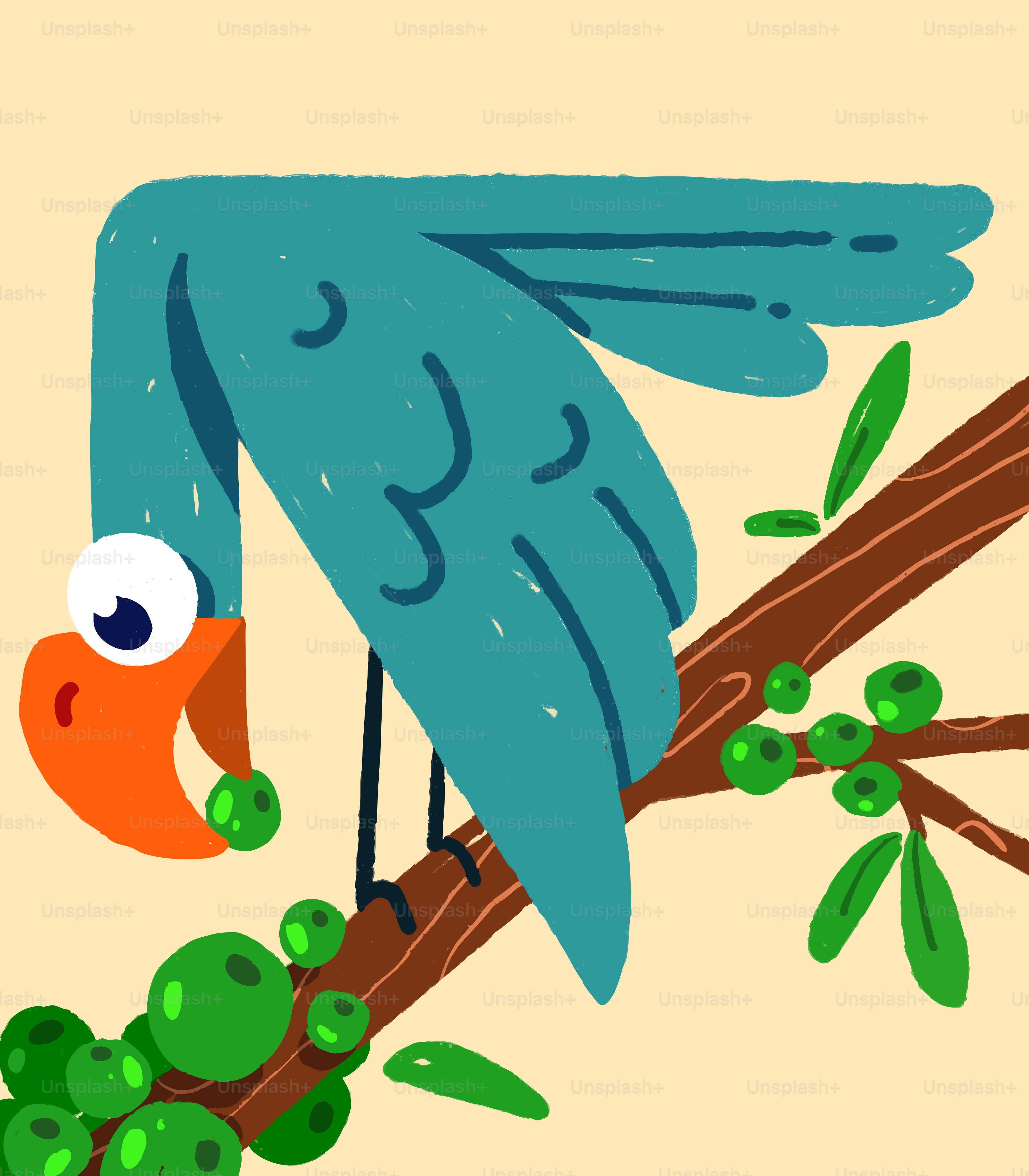 Un uccello blu dei cartoni animati che mangia bacche su un ramo